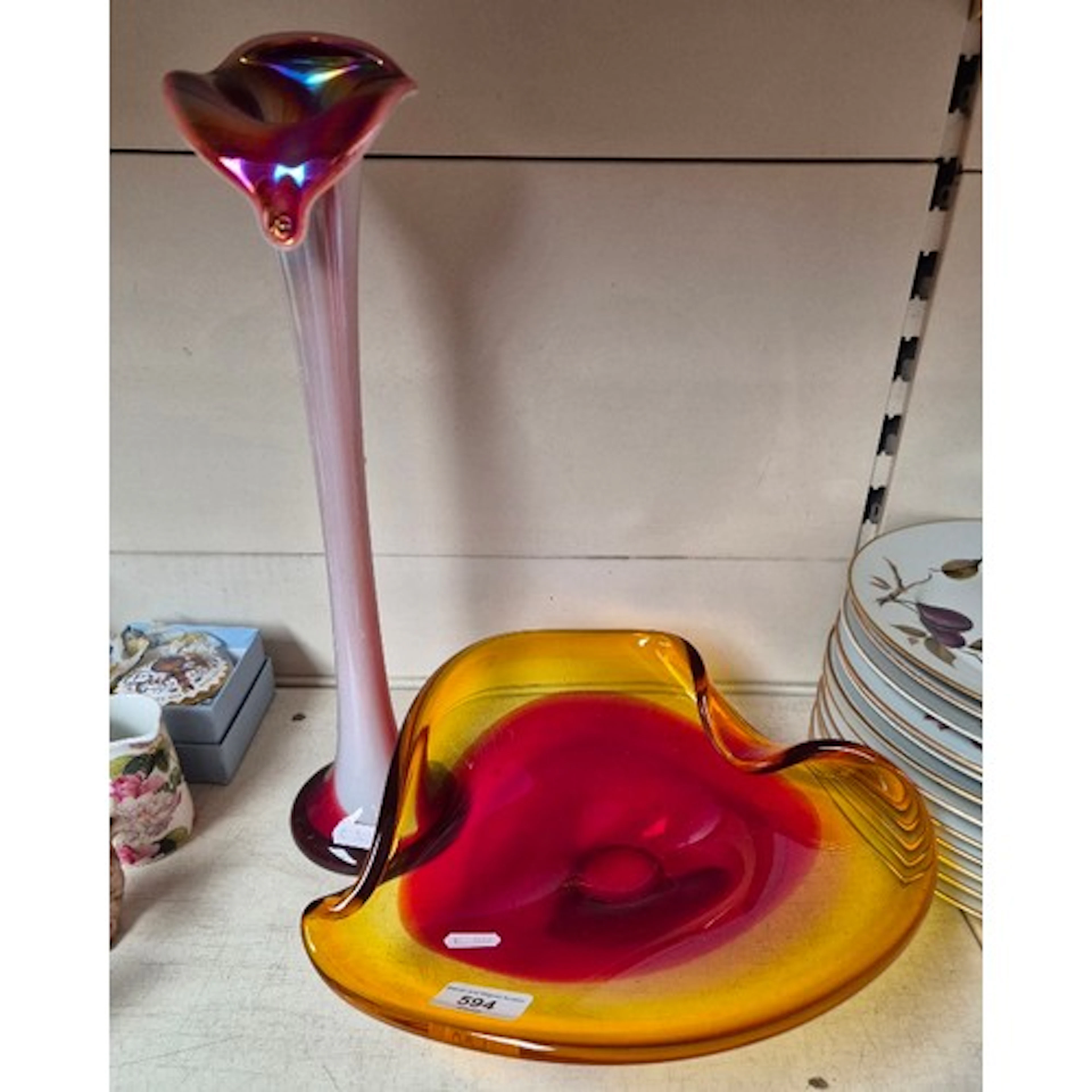 Vintage Murano red and amber glass folded dish together with...