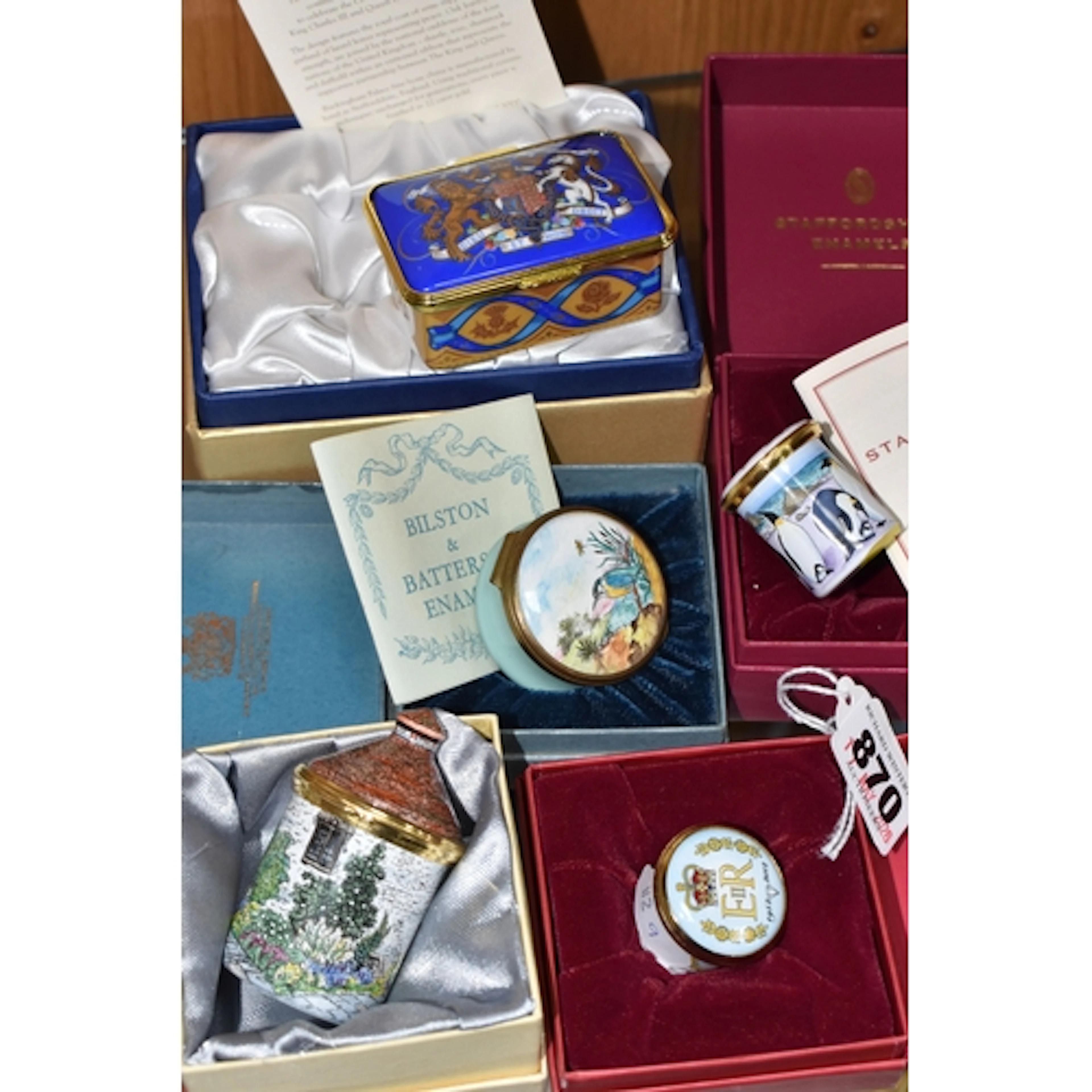FIVE BOXED ENAMEL TRINKET BOXES, comprising Staffordshire En...