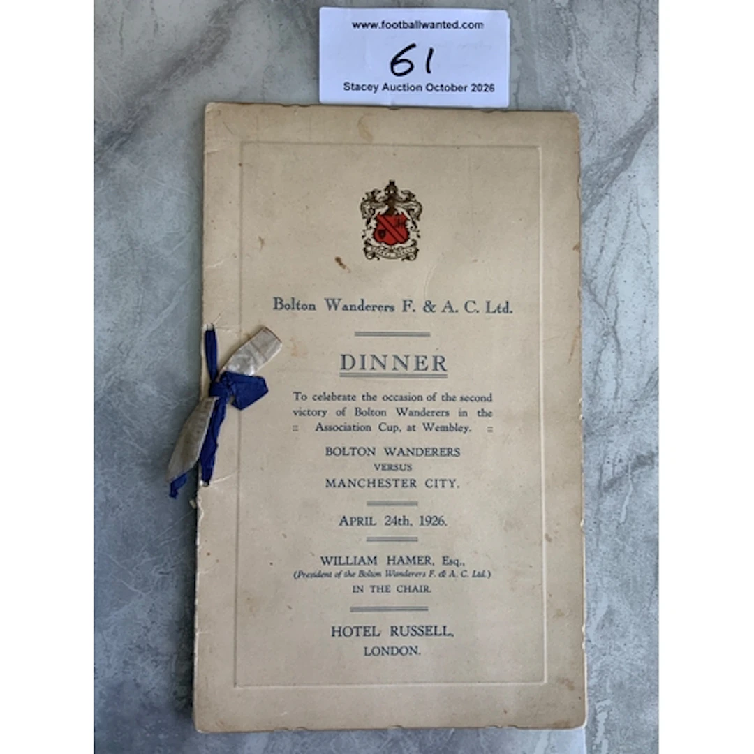 Bolton Wanderers 1926 Signed FA Cup Final Football Menu: Hel...
