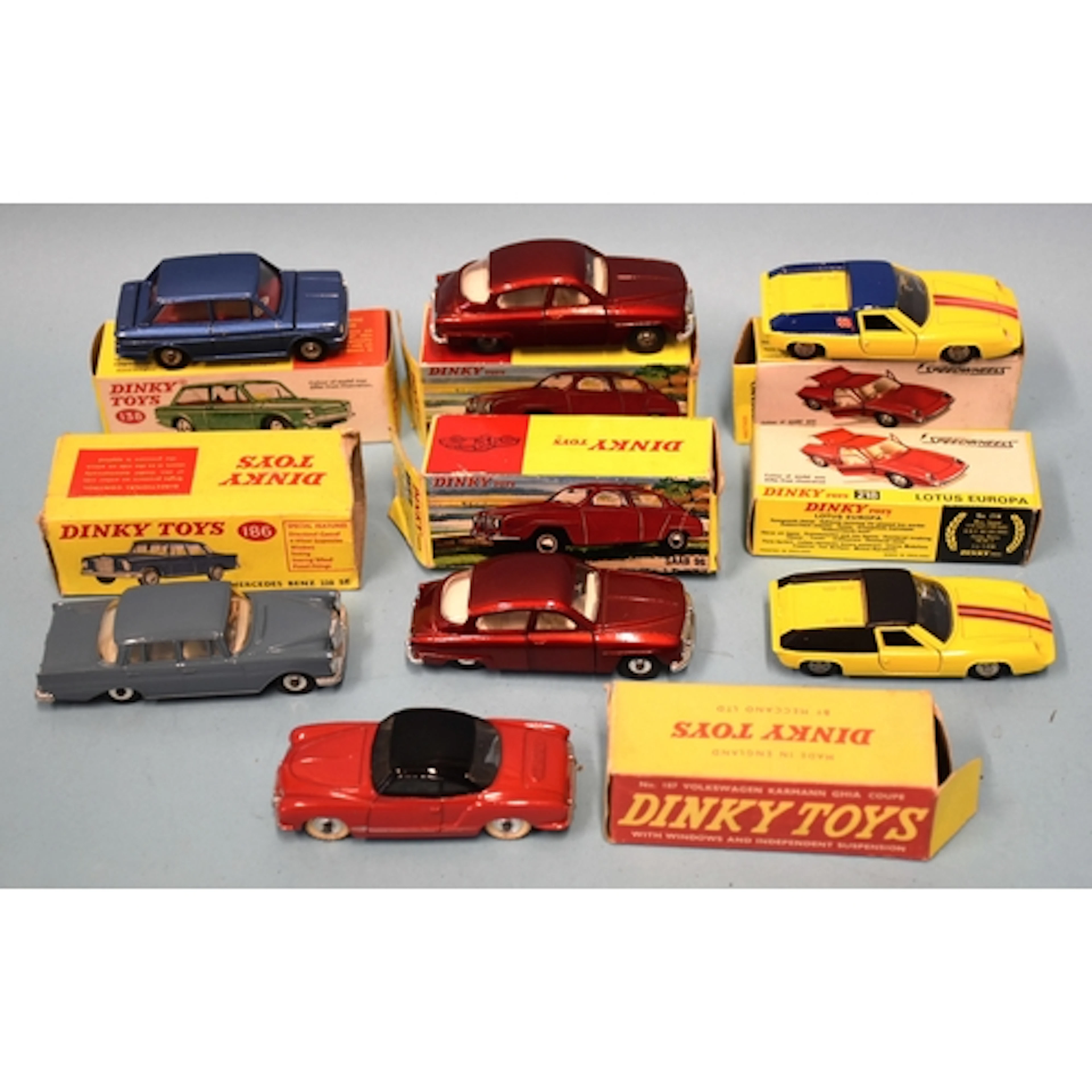 Dinky Toys, seven boxed cars: 138 Hillman Imp, 156 Saab 96 (...