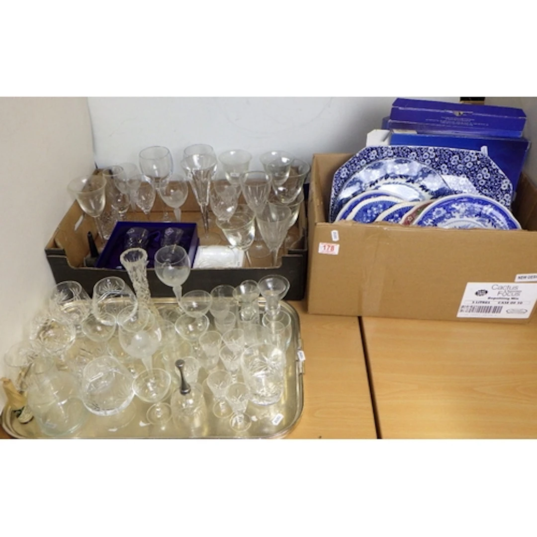A qty of glassware, Blue & White plates etc (3)
