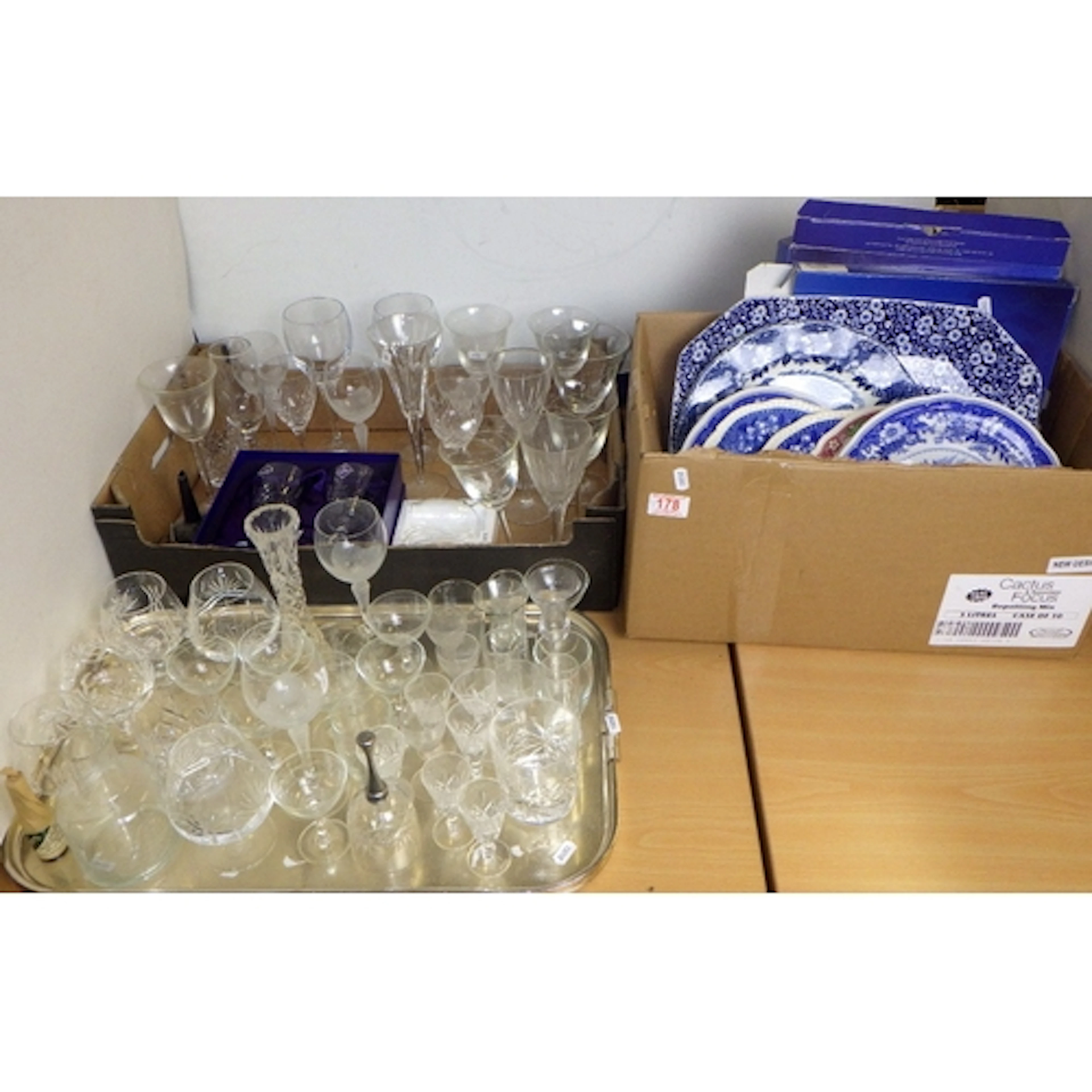 A qty of glassware, Blue & White plates etc (3)
