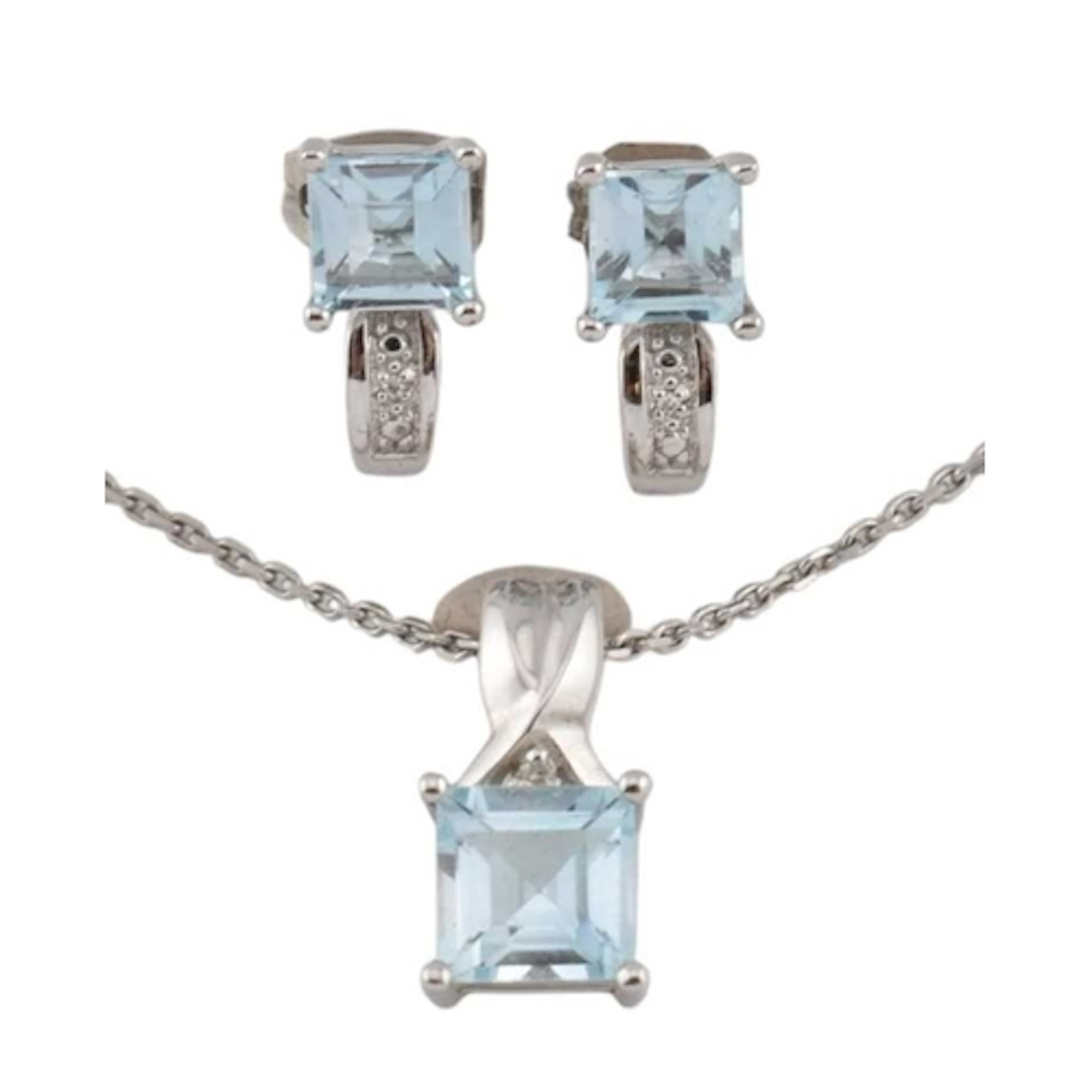 An 18ct white gold and topaz necklace and earrings suite. Al...