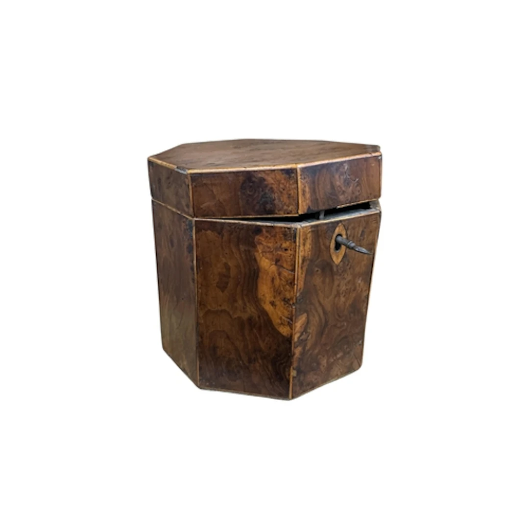 A Regency octagonal burr yew tea caddy, height 12cm.