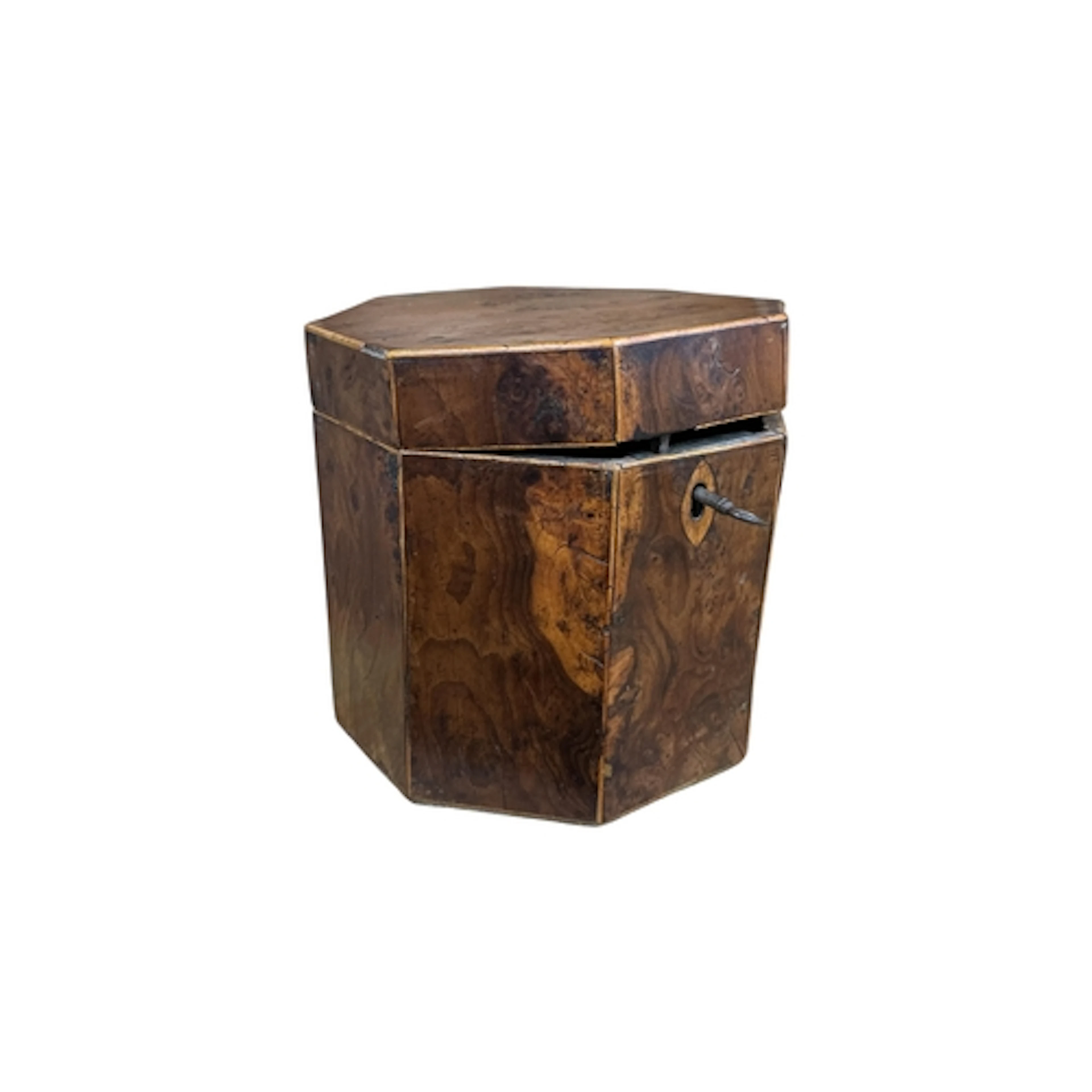 A Regency octagonal burr yew tea caddy, height 12cm.