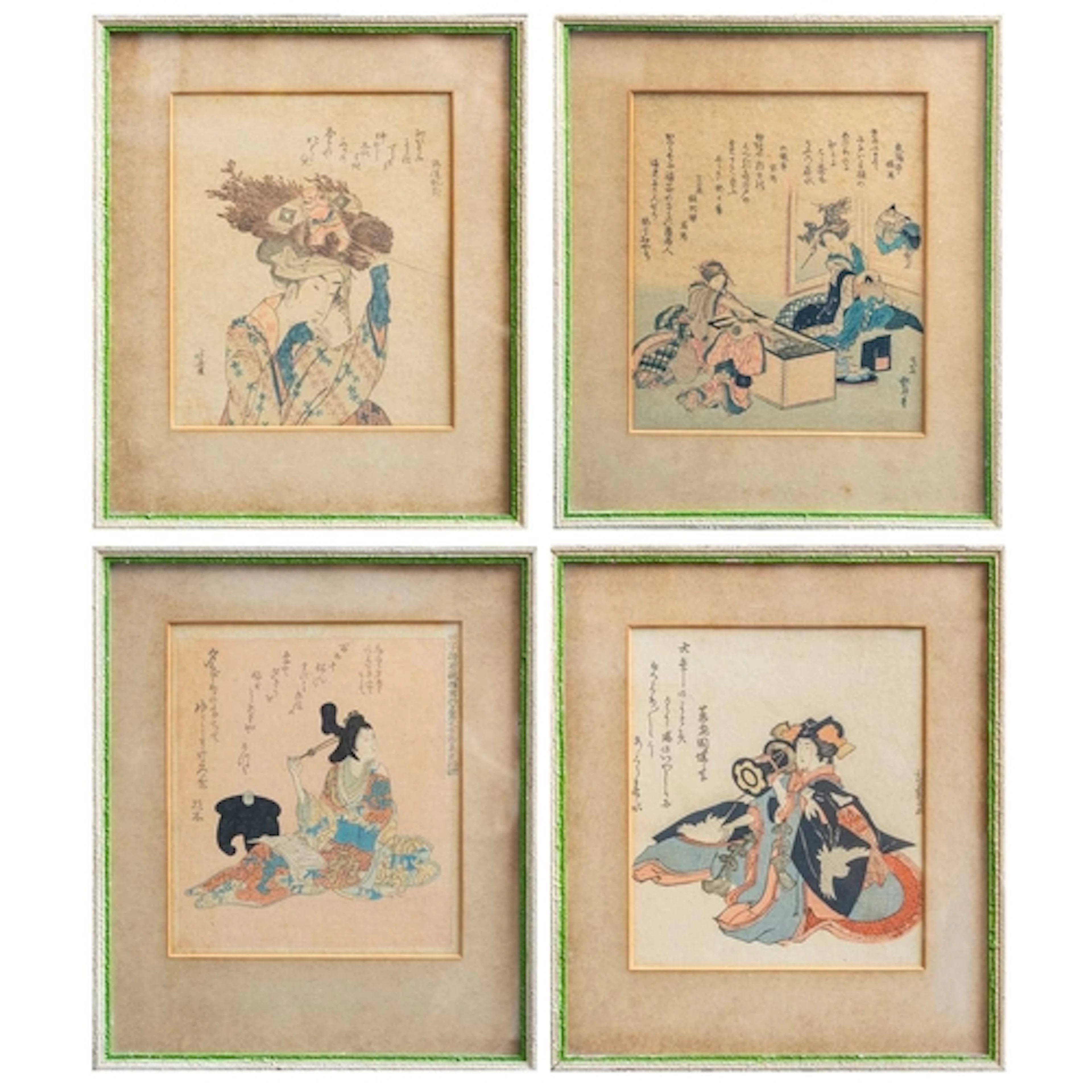 Four Japanese woodblock prints. Comprising: Women preparing ...