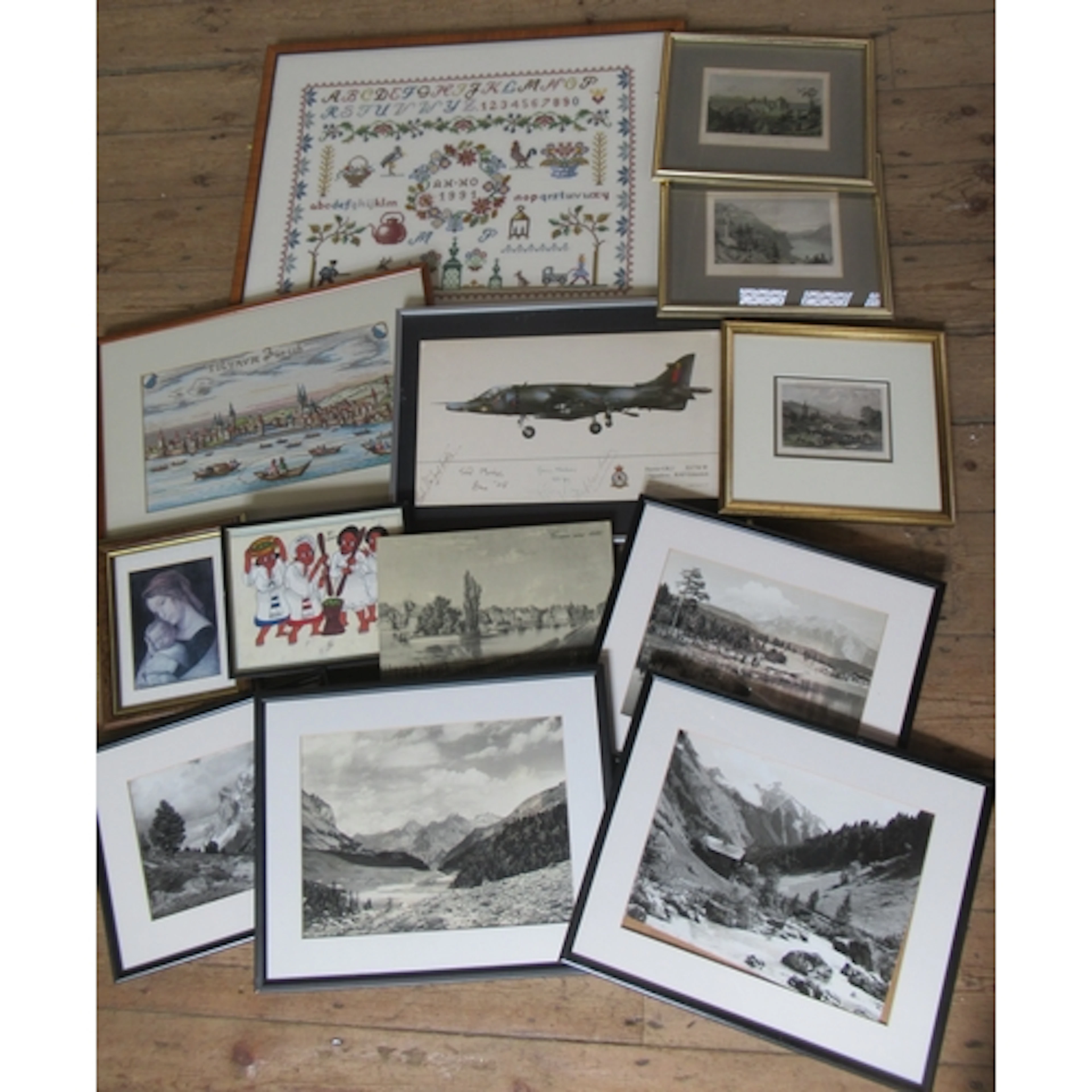A collection of prints, pictures, photographs and embroideri...