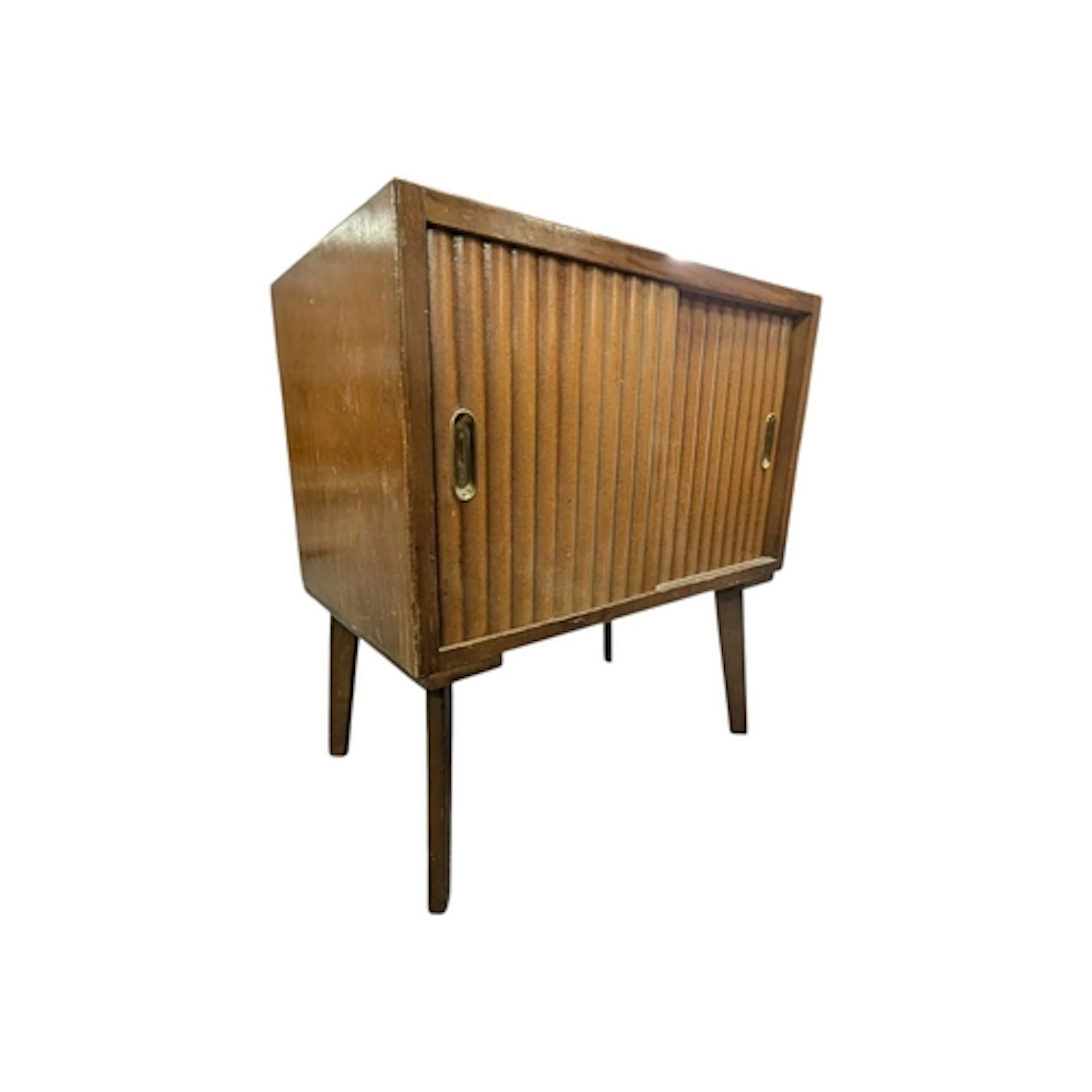 A mid 20th century circa 1970s teak vinyl record cabinet. Th...