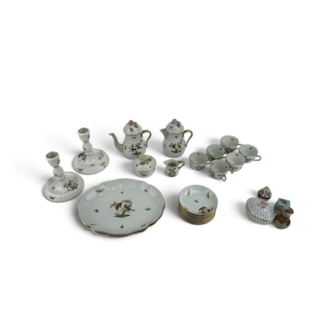 A HAND PAINTED HEREND PART TEA SERVICE DECORATED WITH BIRDS ...