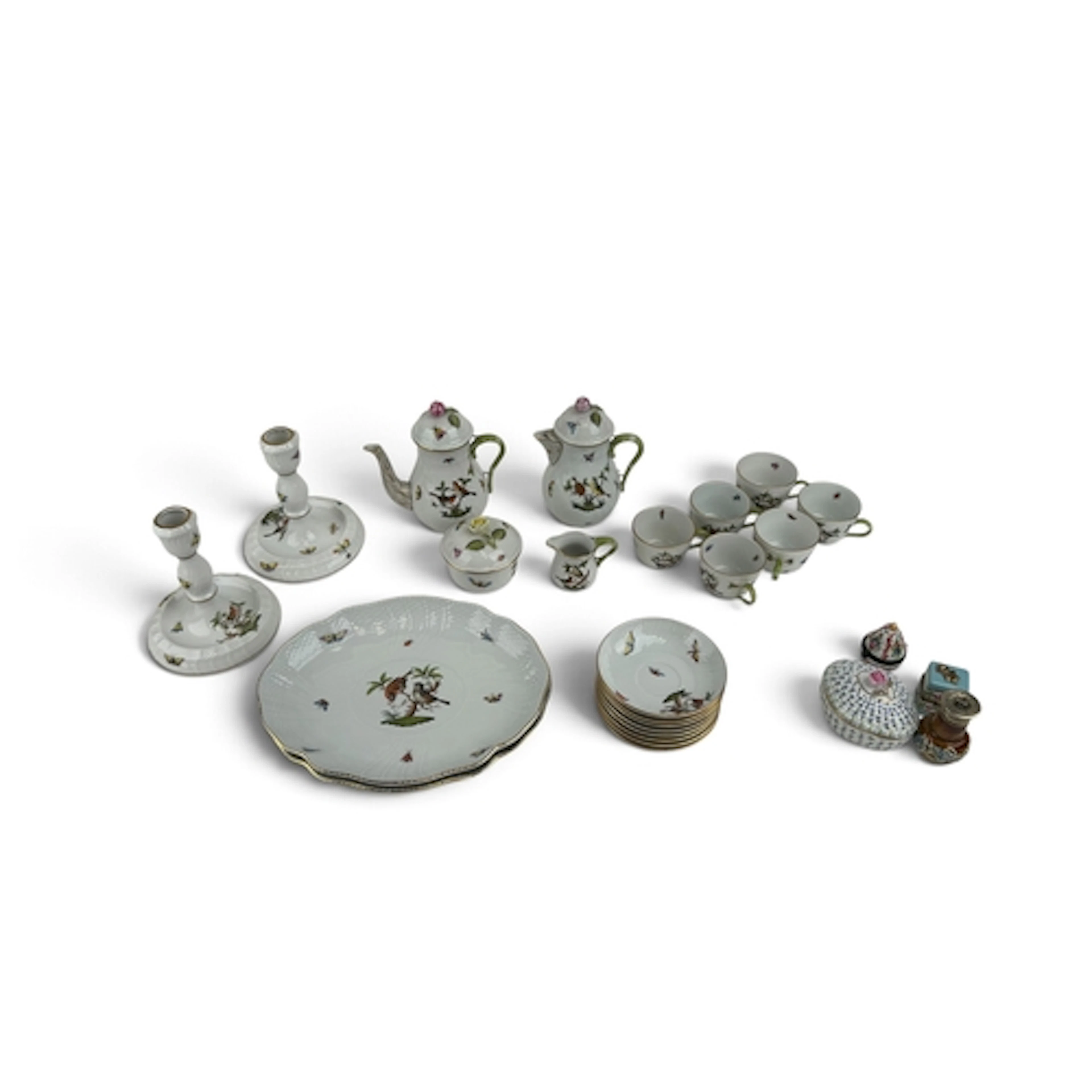 A HAND PAINTED HEREND PART TEA SERVICE DECORATED WITH BIRDS ...