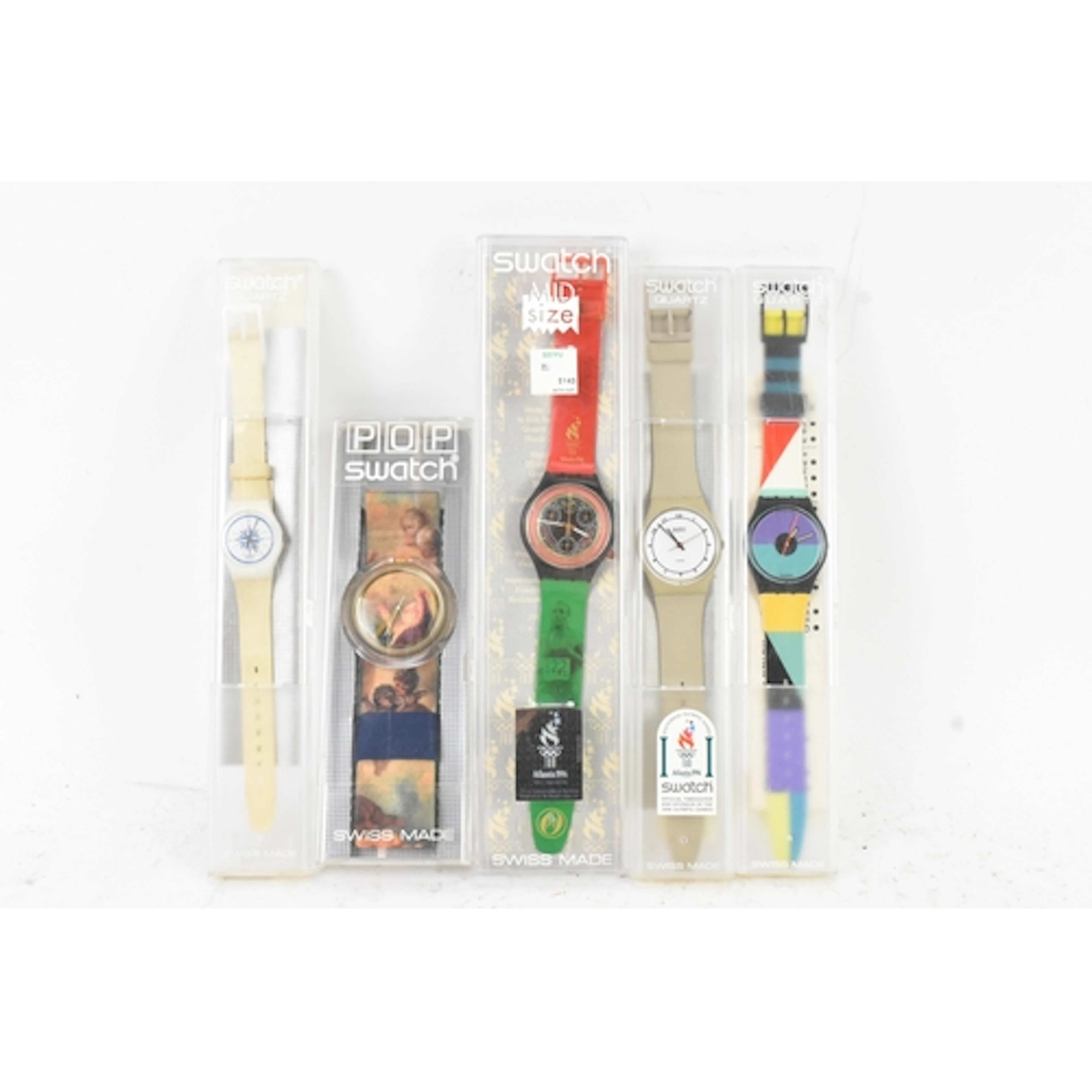 Five boxed vintage Swatch wristwatches, comprising a Pop Swa...