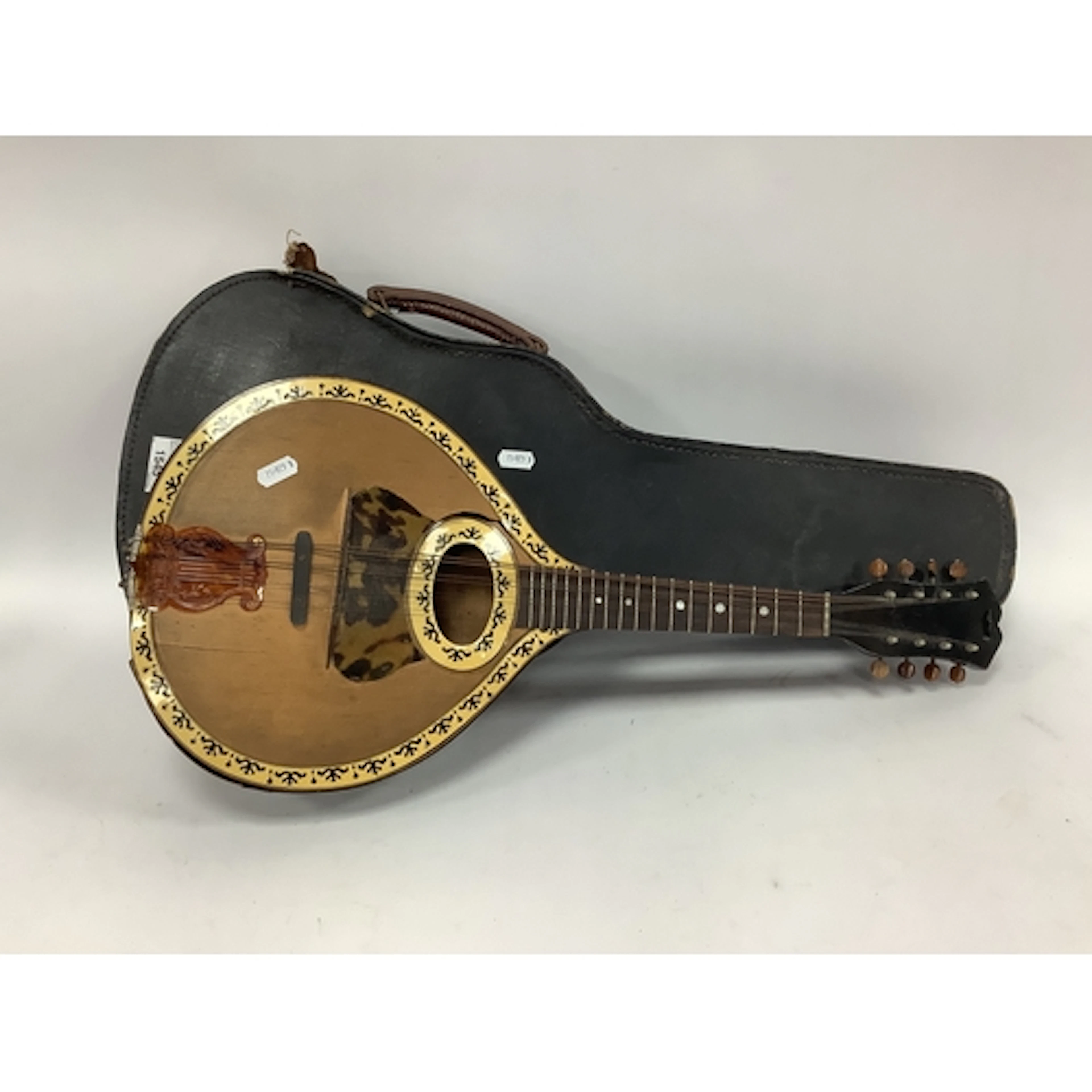 A cased vintage mandolin, featuring tortoiseshell-style pick...