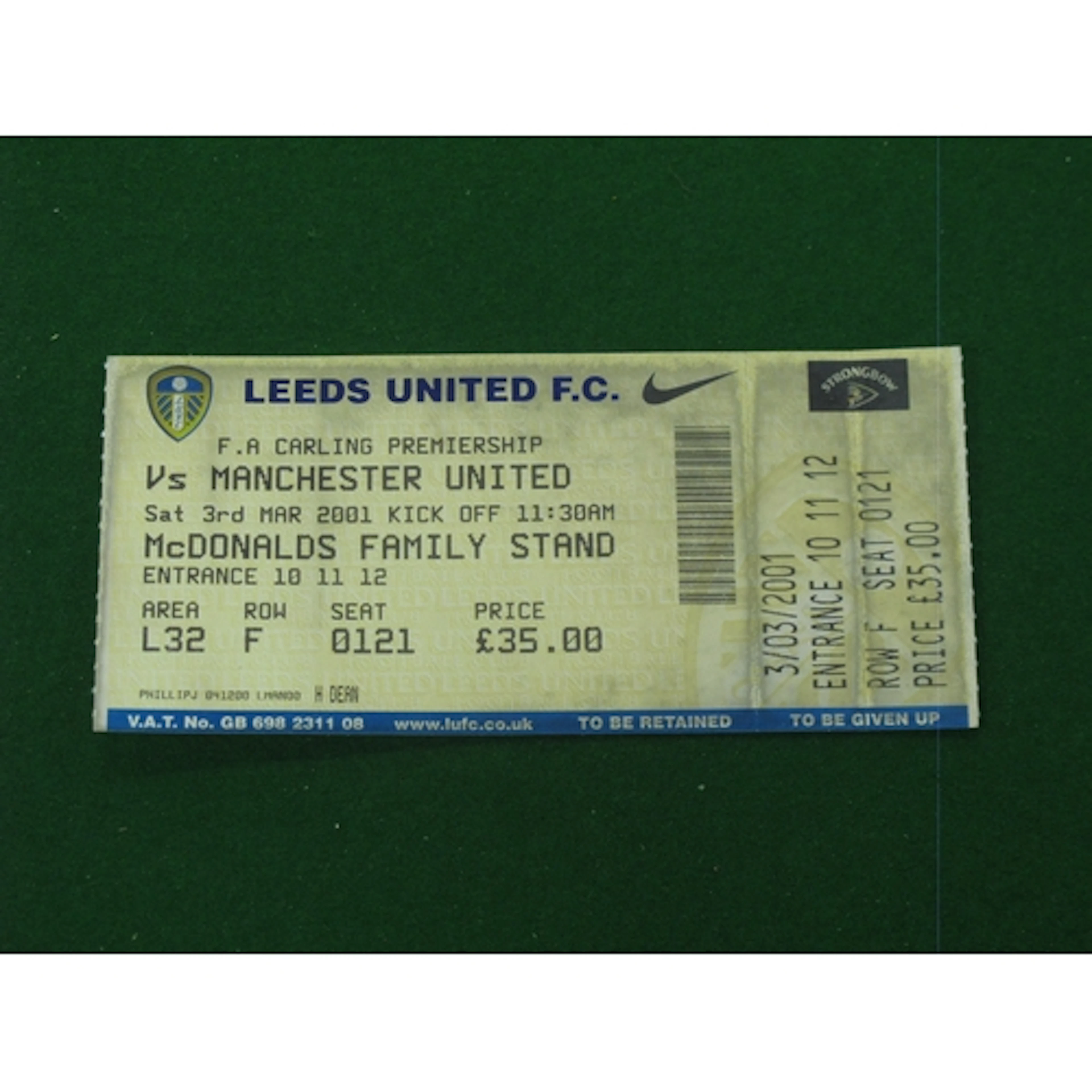 Ticket - 2000-01 Manchester United away at Leeds United, 'To...
