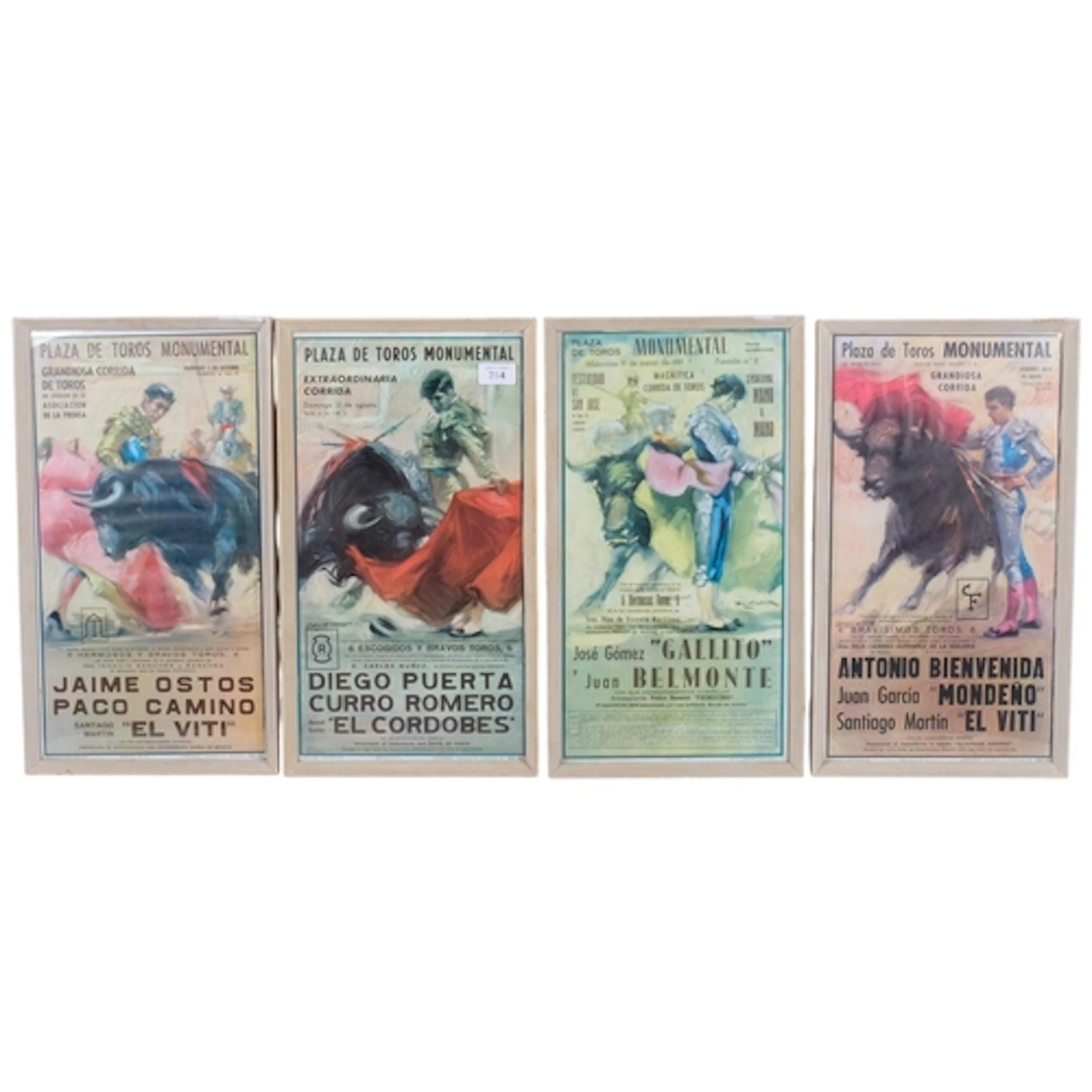 A set of 4 Vintage Spanish bull fighting posters, framed, 47...