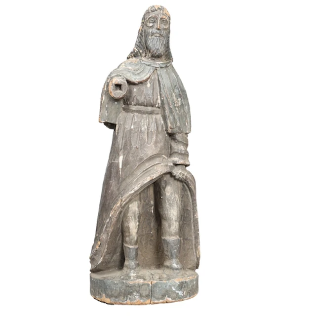A 19TH CENTURY SPANISH COLONIAL CARVED FIGURE OF A SAINT. Ca...