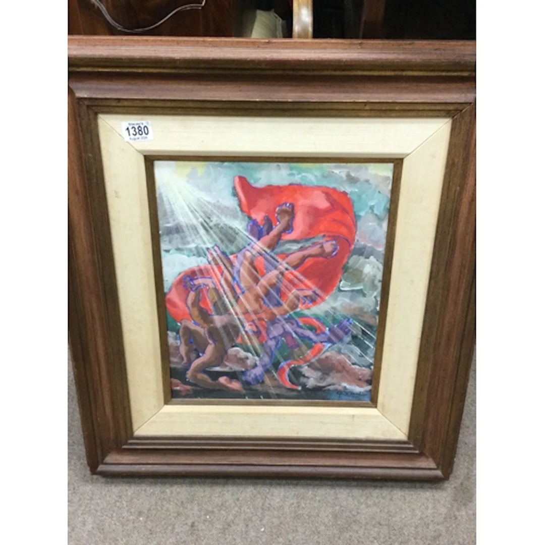 Framed oil on canvas depicting figures in cloud, signed E.P....