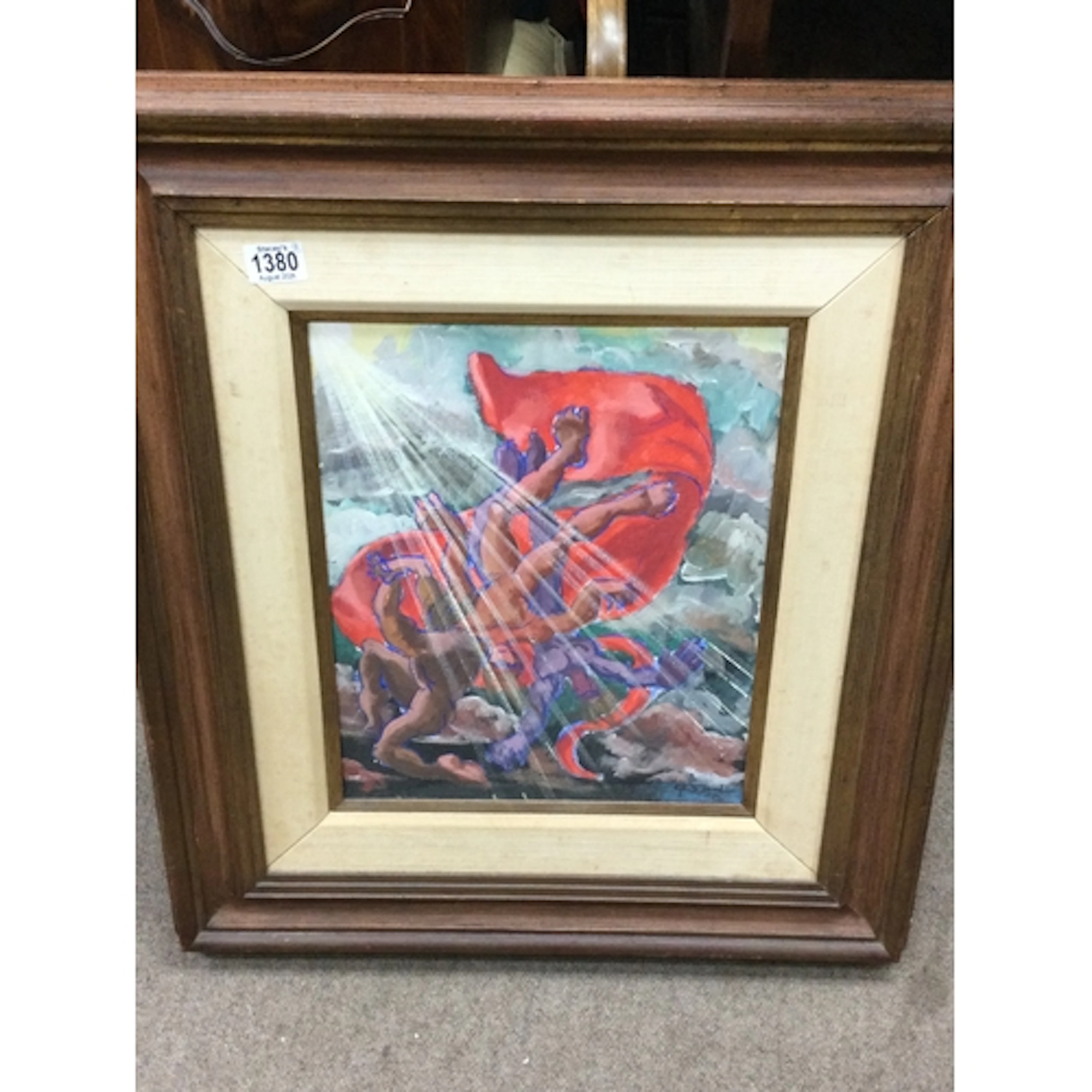 Framed oil on canvas depicting figures in cloud, signed E.P....