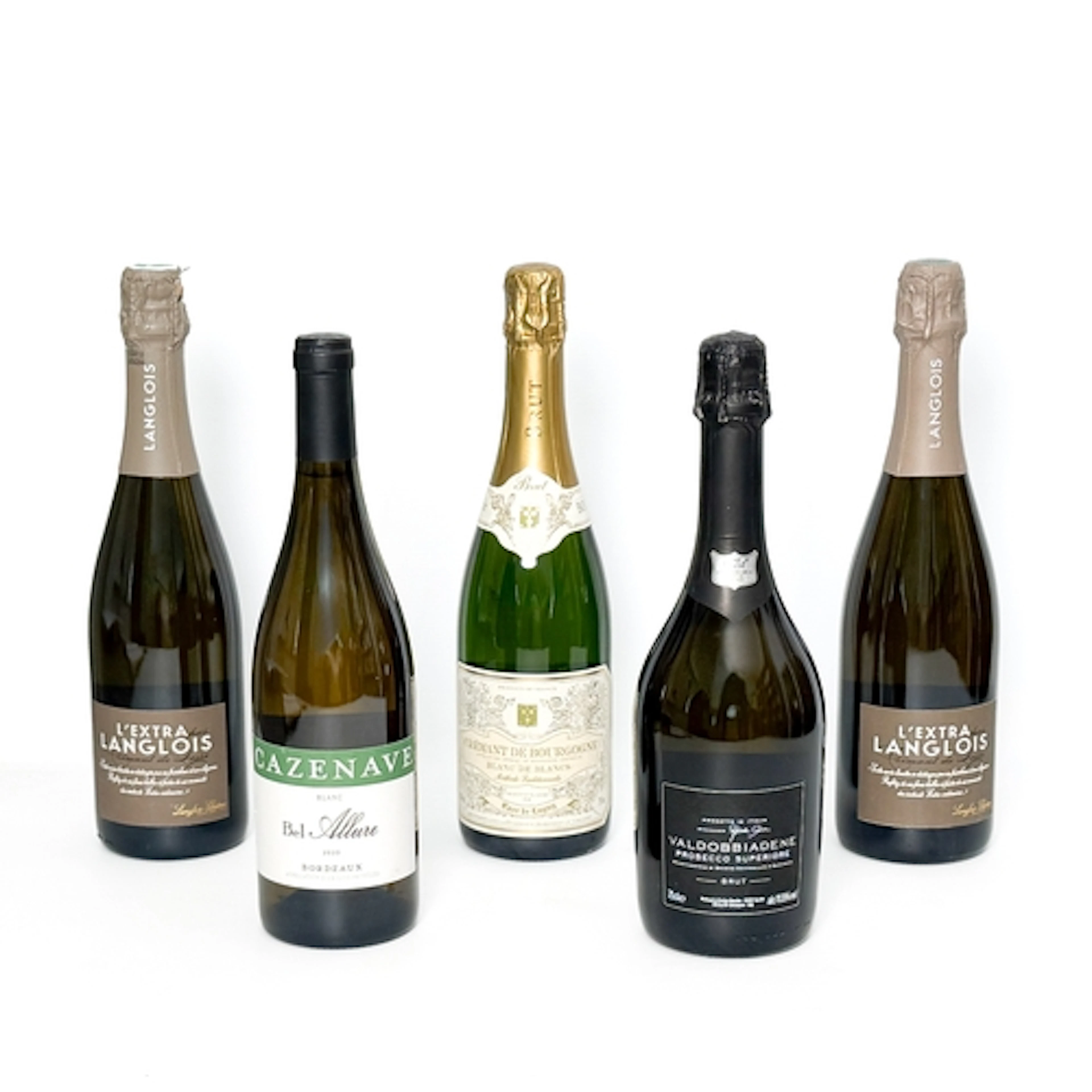 Five bottles to include crémant, prosecco and white Bordeaux...