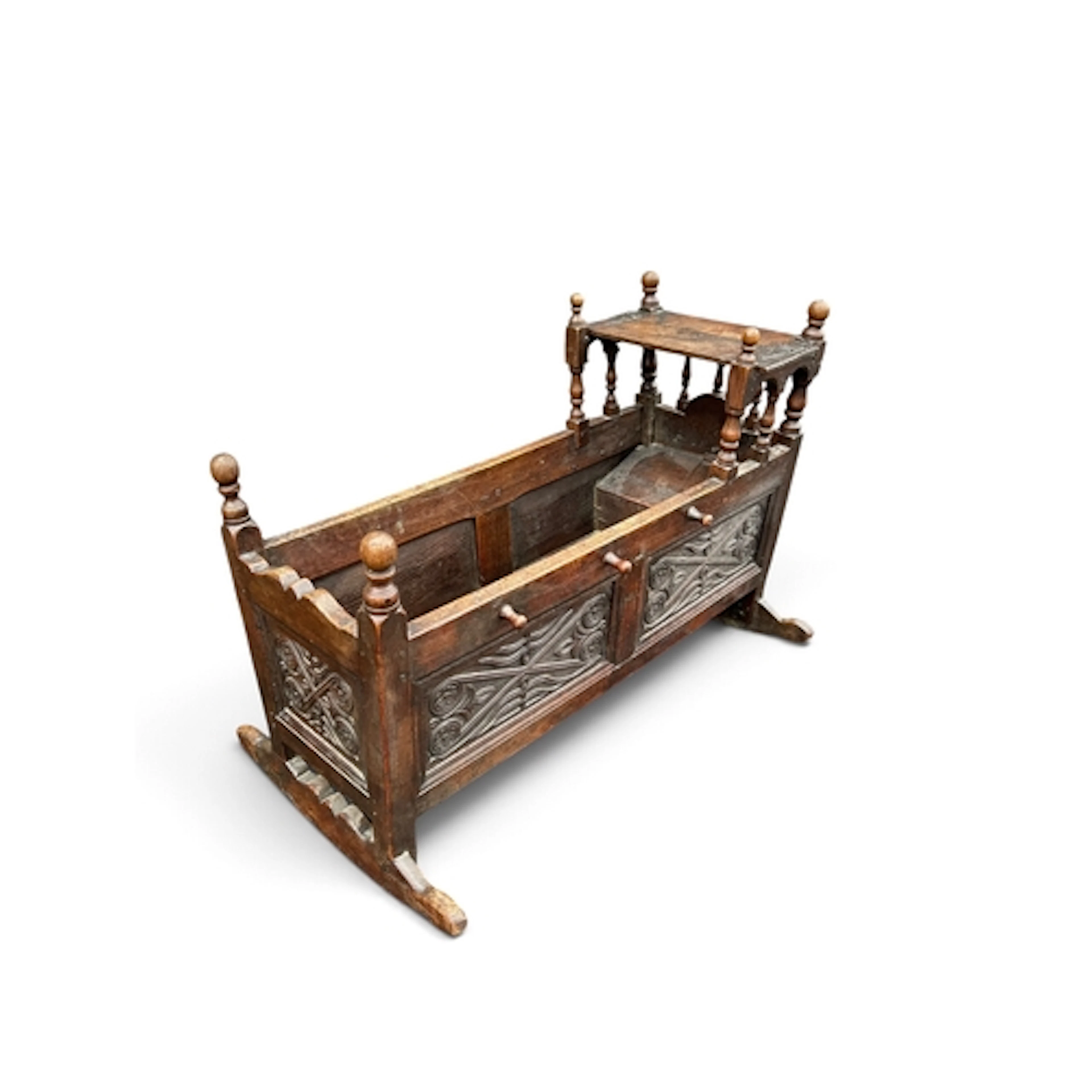 AN ENGLISH 17TH STYLE OAK ROCKING CRADLE 61cm x 106cm x 76cm...
