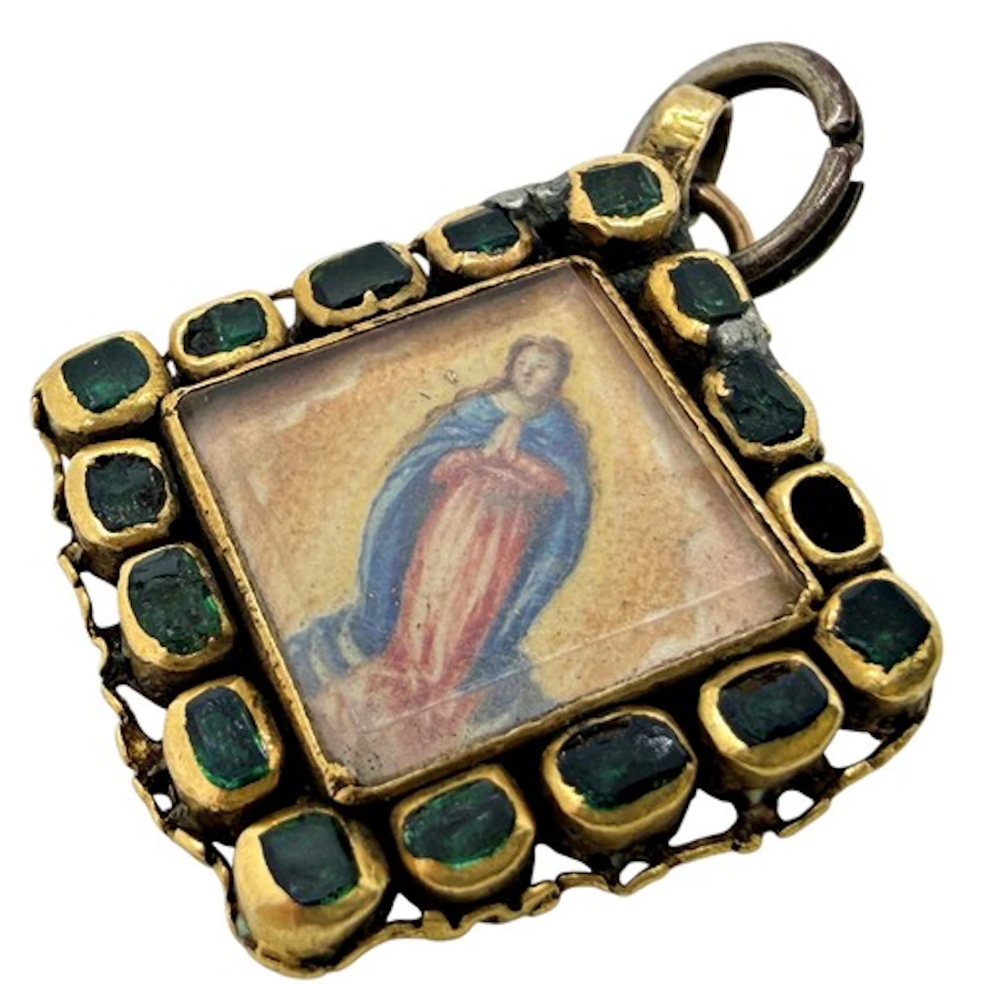A Spanish gold, enamel and emerald set baroque devotional pe...