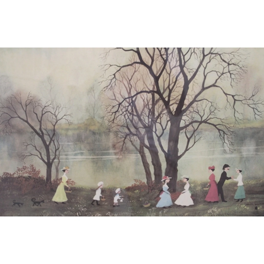Helen Bradley, signed colour print, figures at a lake side, ...
