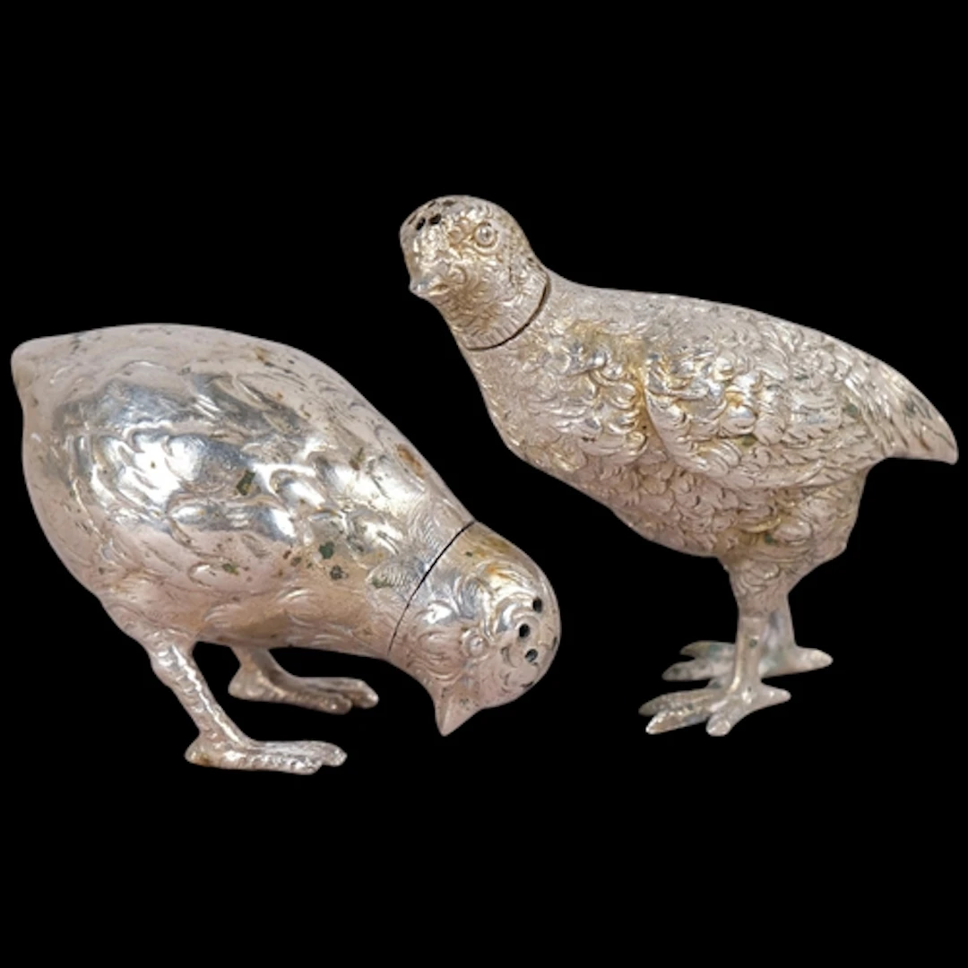 2 x 19th century Continental silver bird pepperettes, grouse...