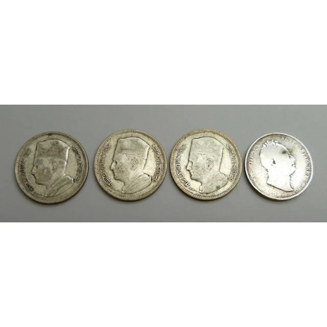 Three Morocco 1 dirham coins, and a Demerara 1 gulden coin, ...