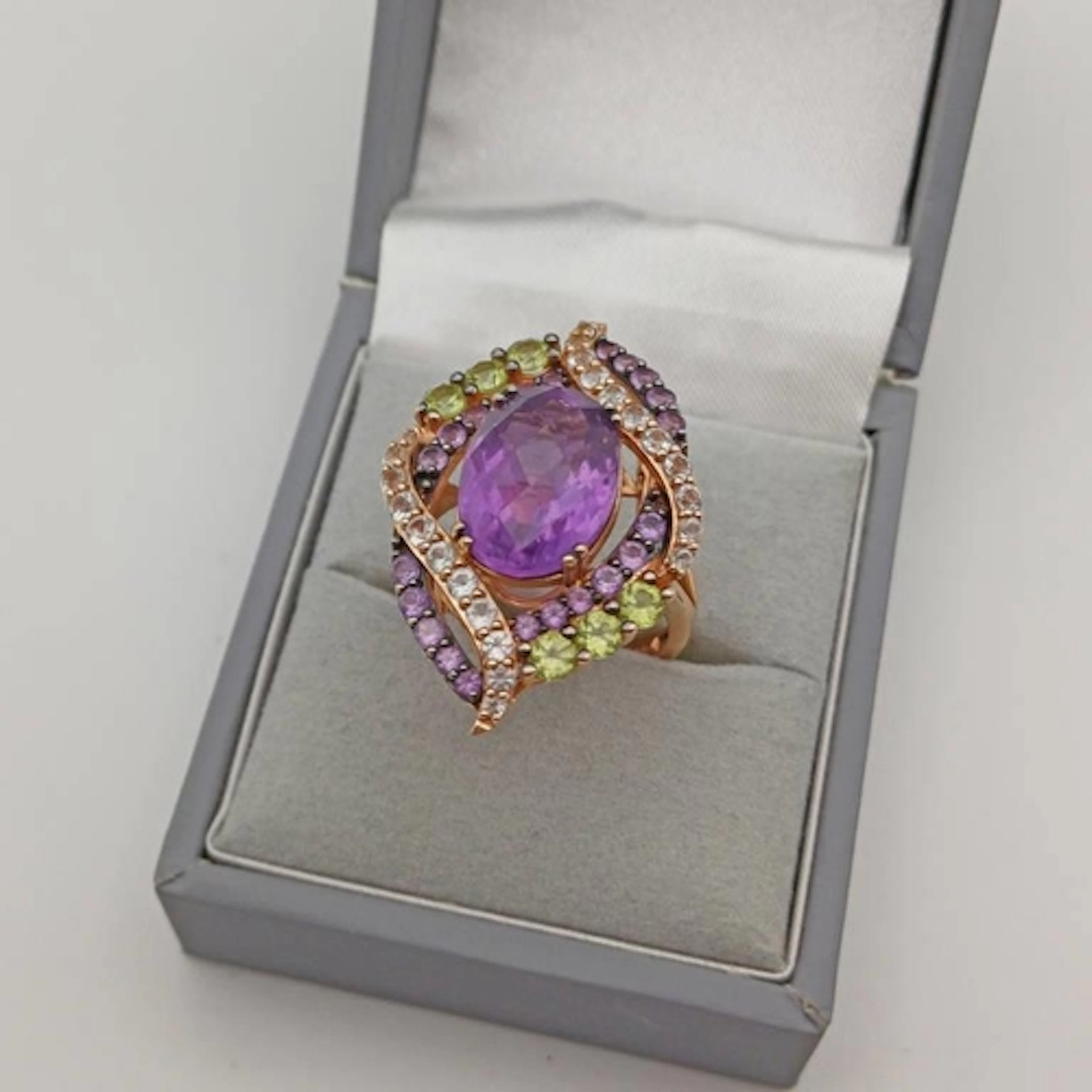 14K ROSE GOLD AMETHYST PERIDOT & GEM SET CLUSTER RING RETAIL...