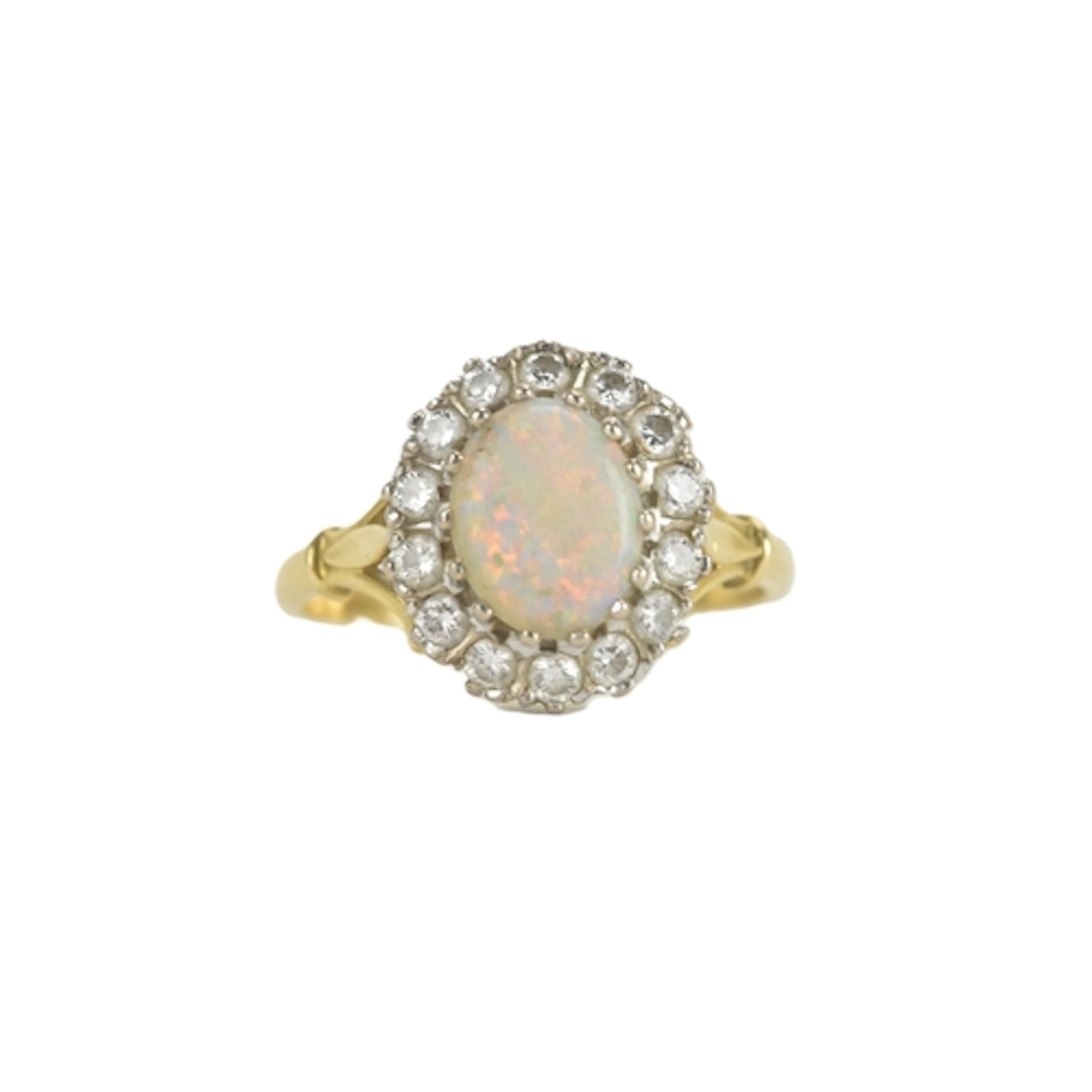 An opal and diamond 18ct gold ring, the central opal in a cl...