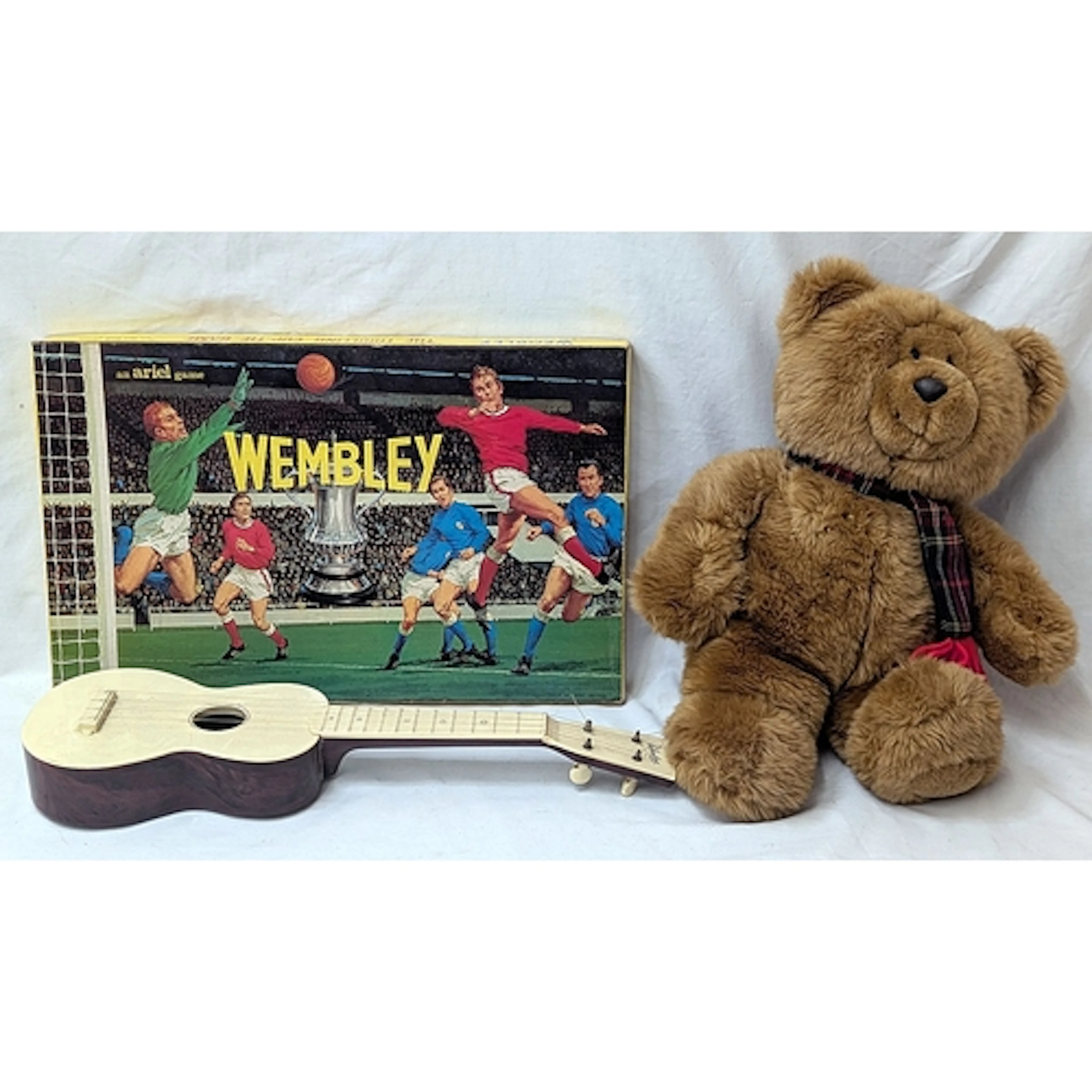 White Ukulele, BHS Brown Teddy Bear & Vintage Wembley Game i...