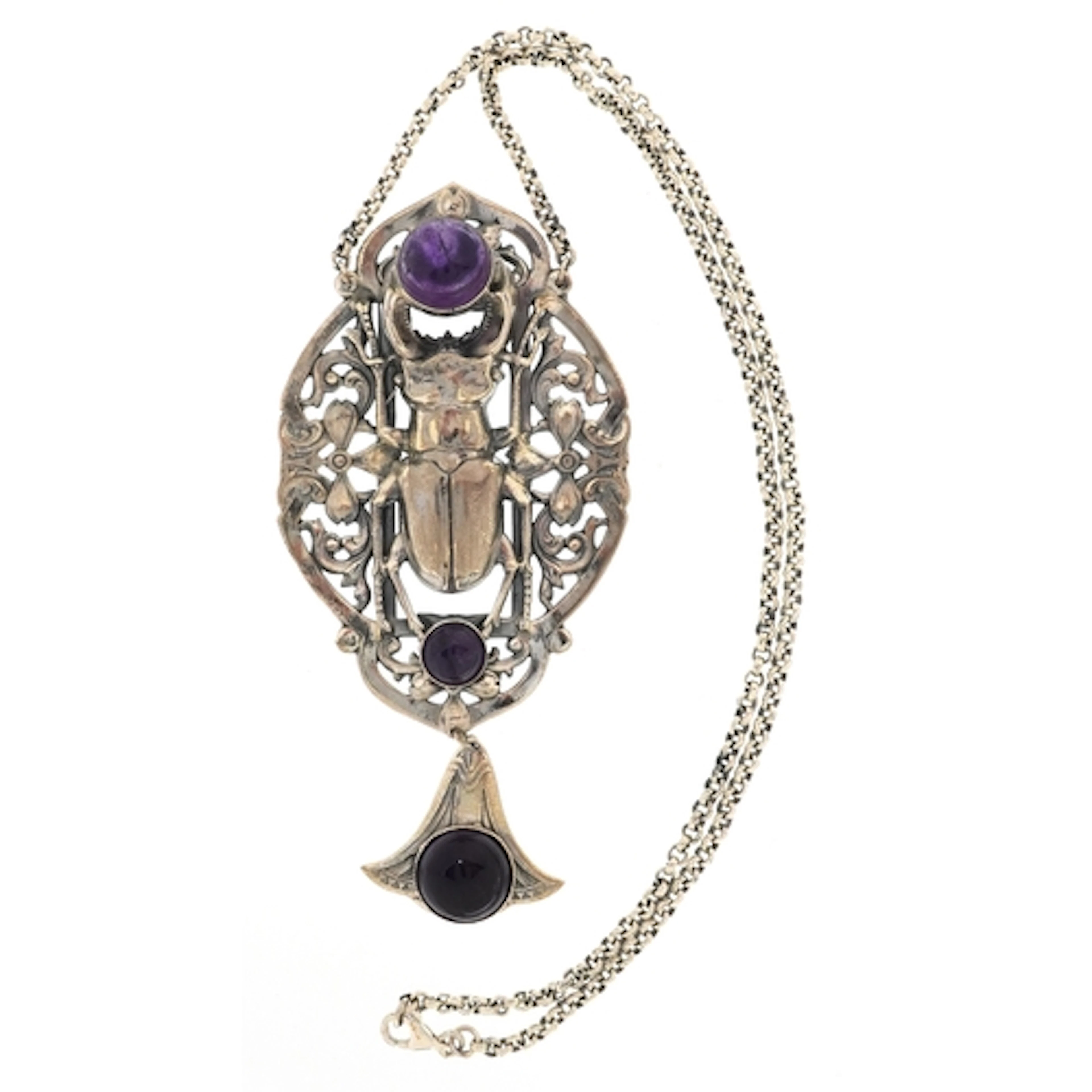 Egyptian Revival silver scarab beetle design necklaces set w...