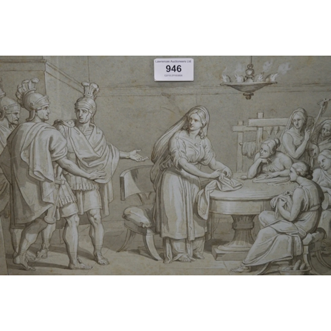 19th Century ink and watercolour drawing, an interior scene ...
