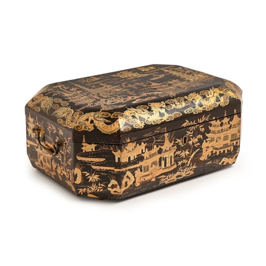 A Chinese export gilt black lacquer sewing box, early 19th c...