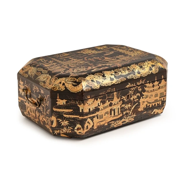 A Chinese export gilt black lacquer sewing box, early 19th c...