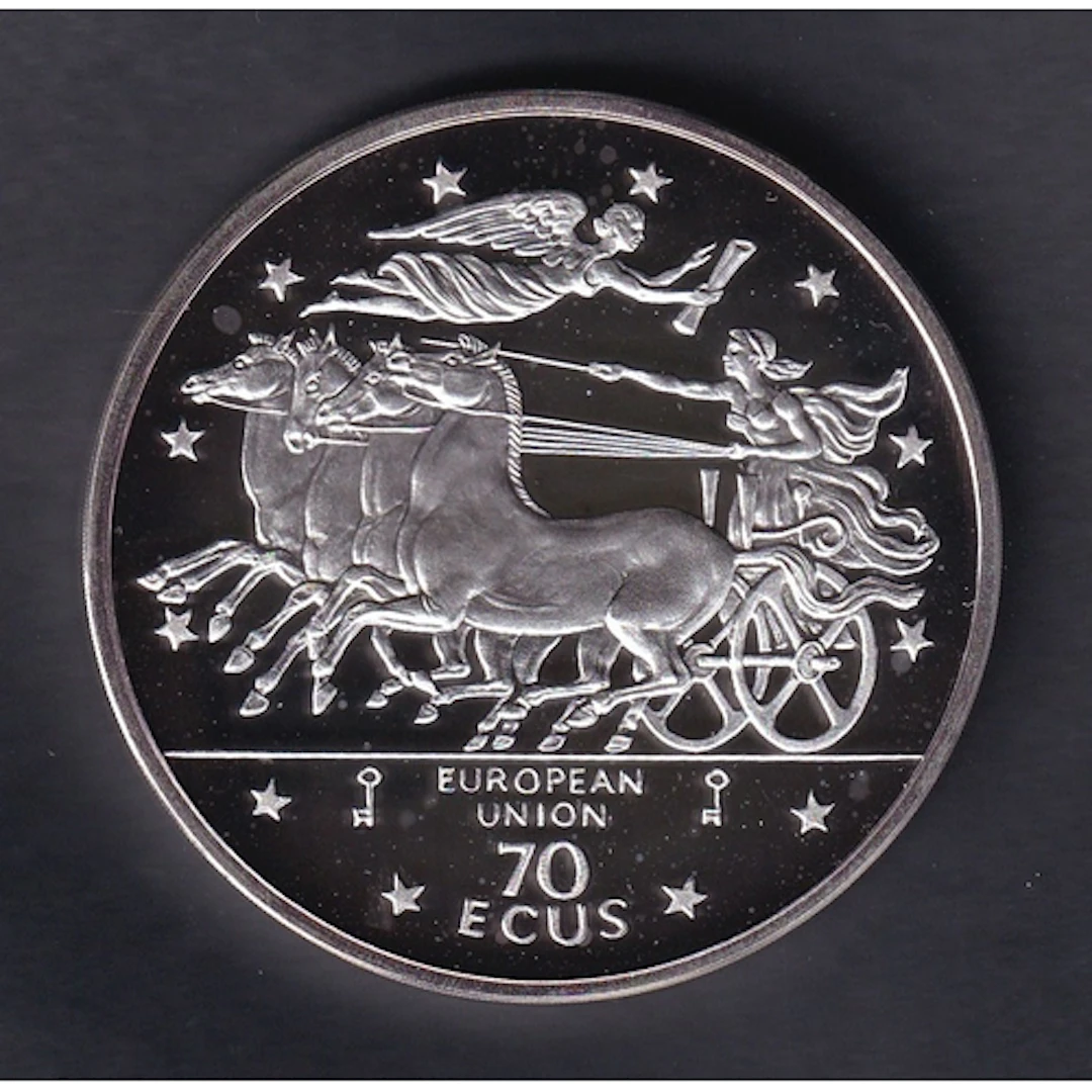 1994 Gibraltar, E.U. commemorative silver 70 Ecus coin, stru...