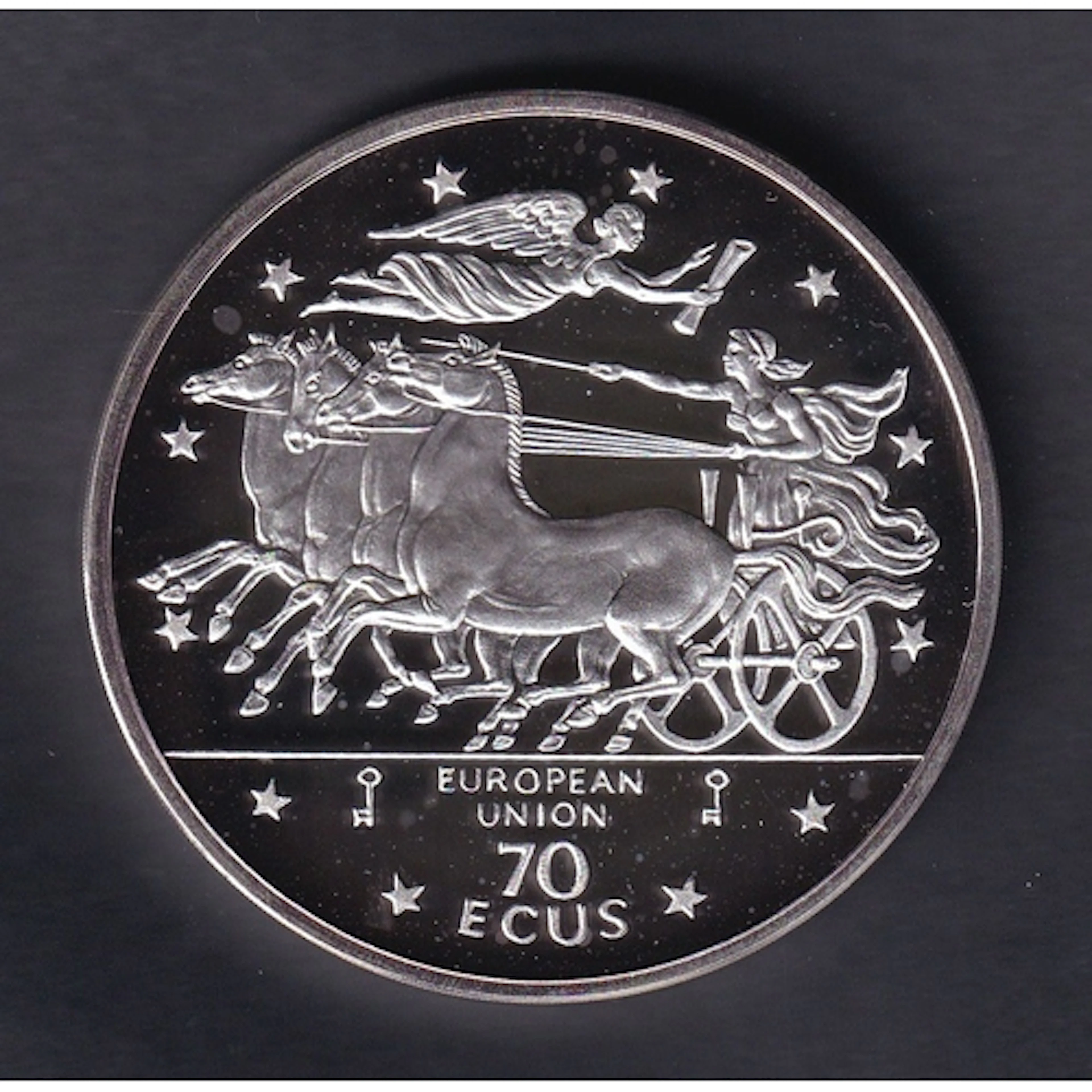 1994 Gibraltar, E.U. commemorative silver 70 Ecus coin, stru...