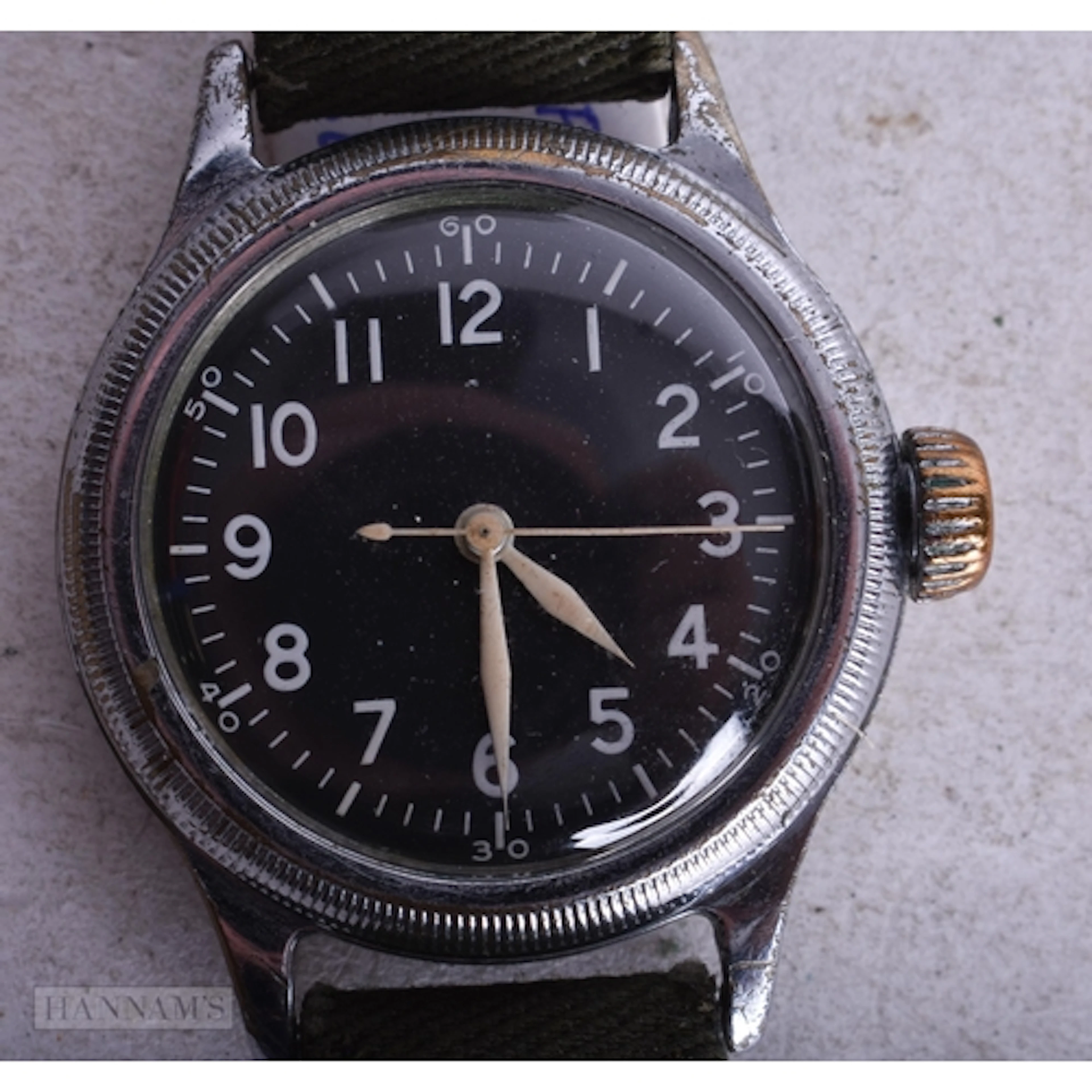 A BULOVA A-11 1944 MILITARY WRIST WATCH. Running. 3.25 cm wi...