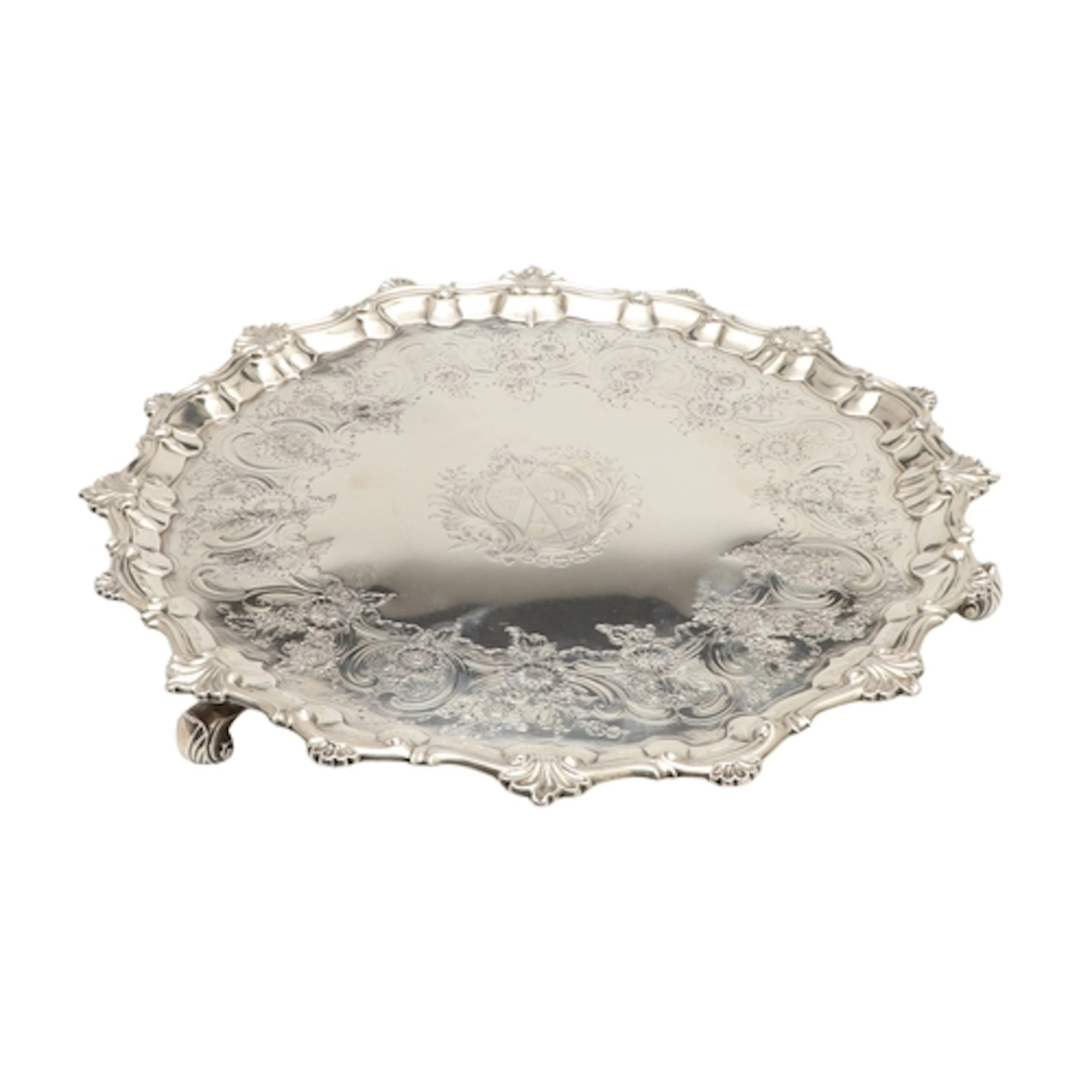 A GEORGE II SILVER SALVER. With cast shell and scroll border...