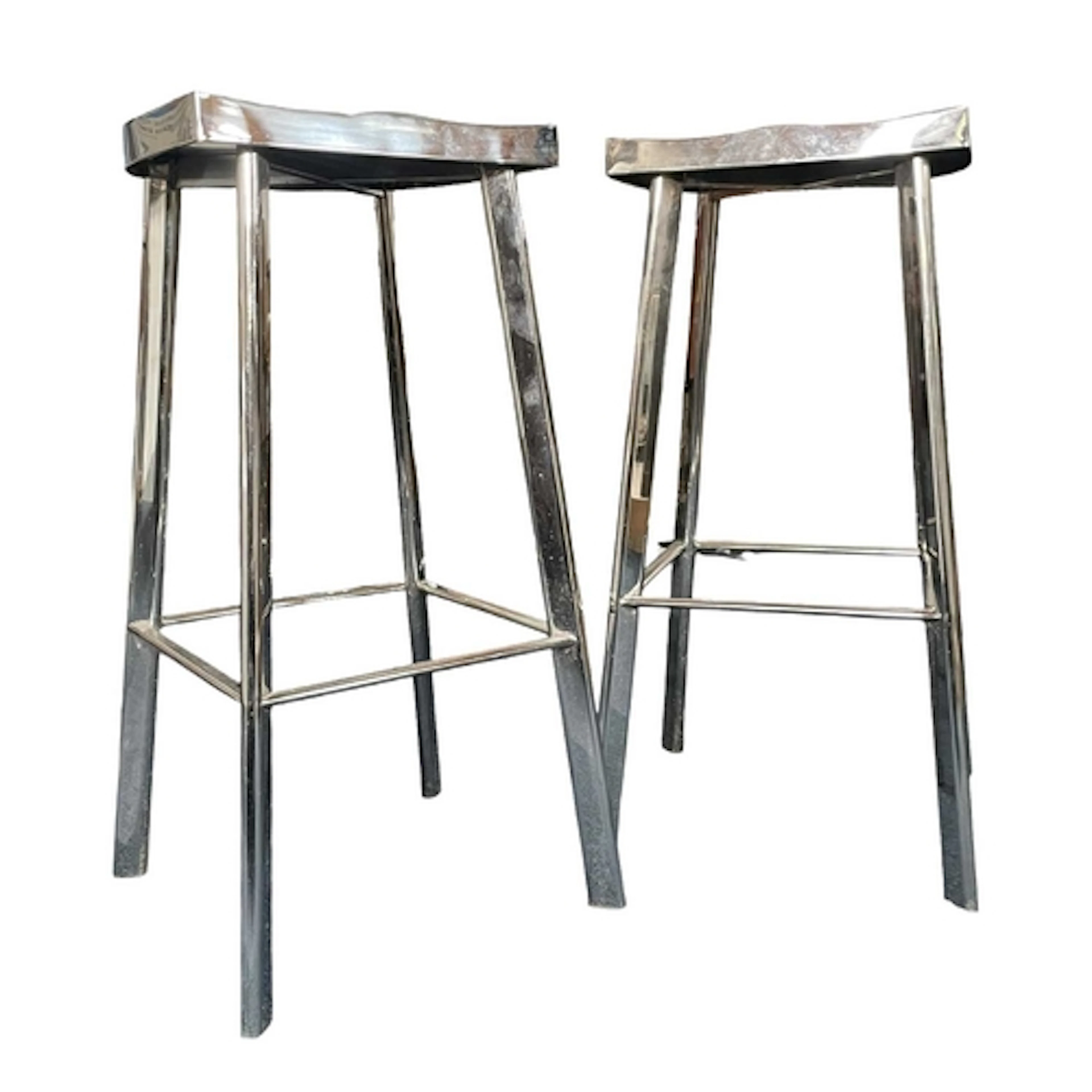 A pair of modern designer chrome bar stools. Each having mou...
