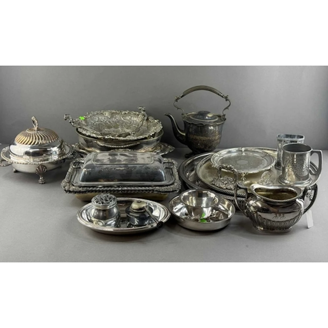 Silver Plate: an ornate entree dish and lid, another plainer...