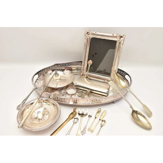 AN ASSORTMENT OF SILVER PLATE, to include a tray, assorted d...