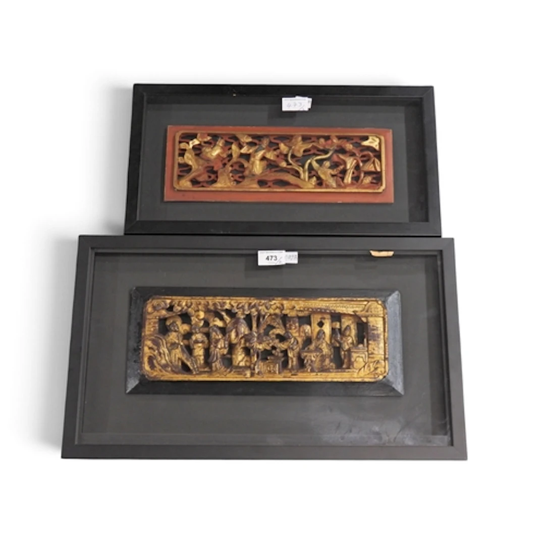 Two Chinese carved and lacquered architectural panels ...
