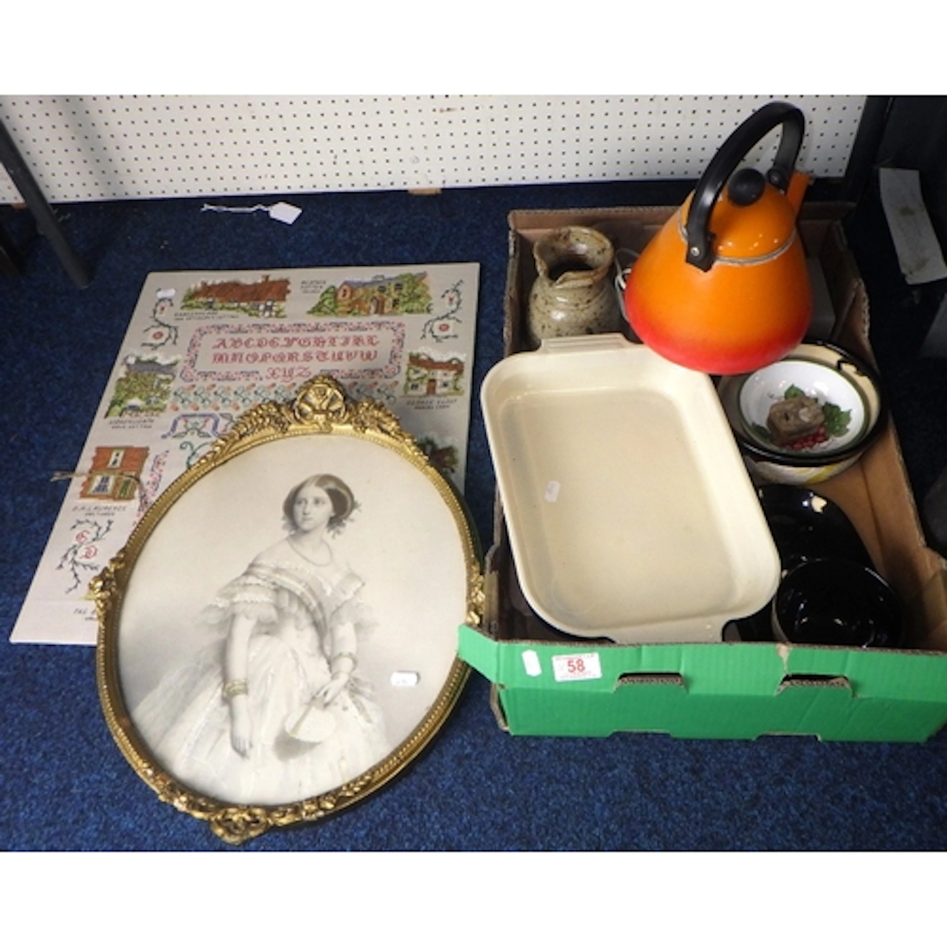 An oval gilt framed full length portrait print and a box of ...