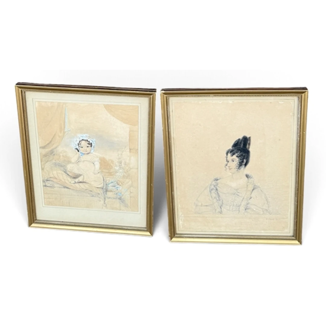 TWO WILLIAM IV PORTRAITS OF A LADY AND A CHILD WEARING WHITE...