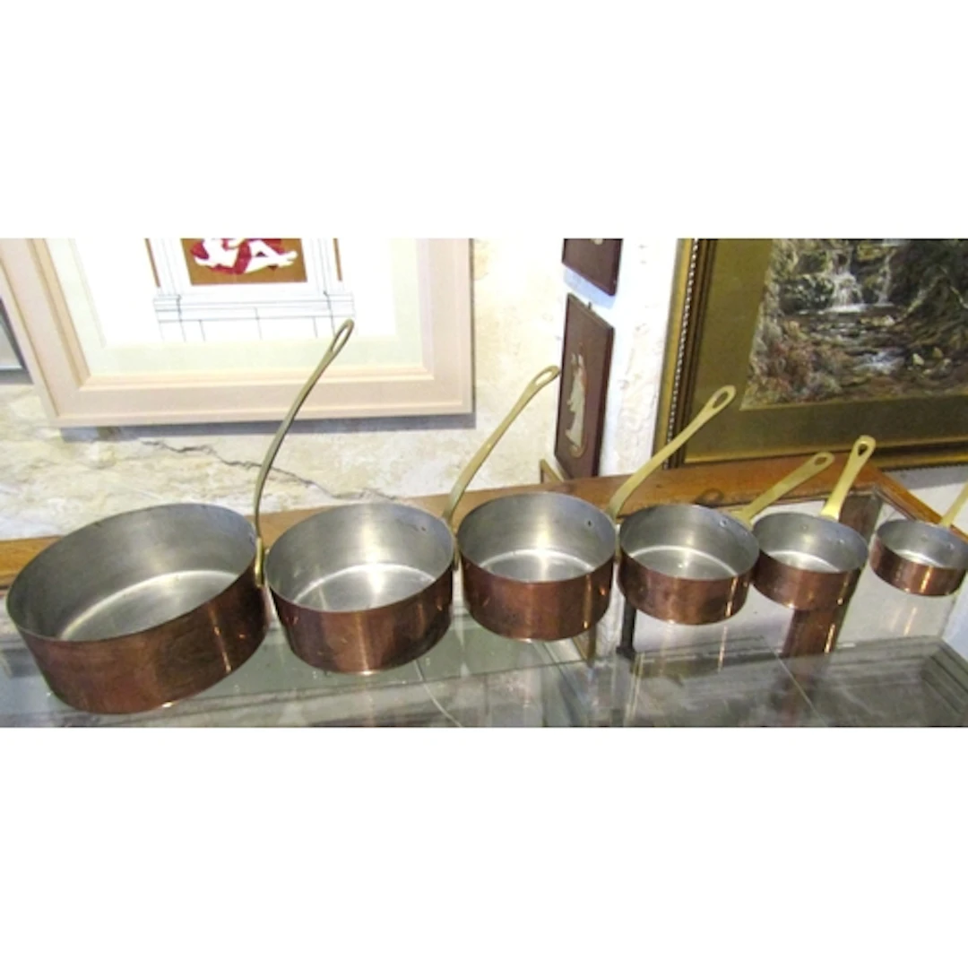 Set of Six Chef's Copper Saucepans Graduated Form