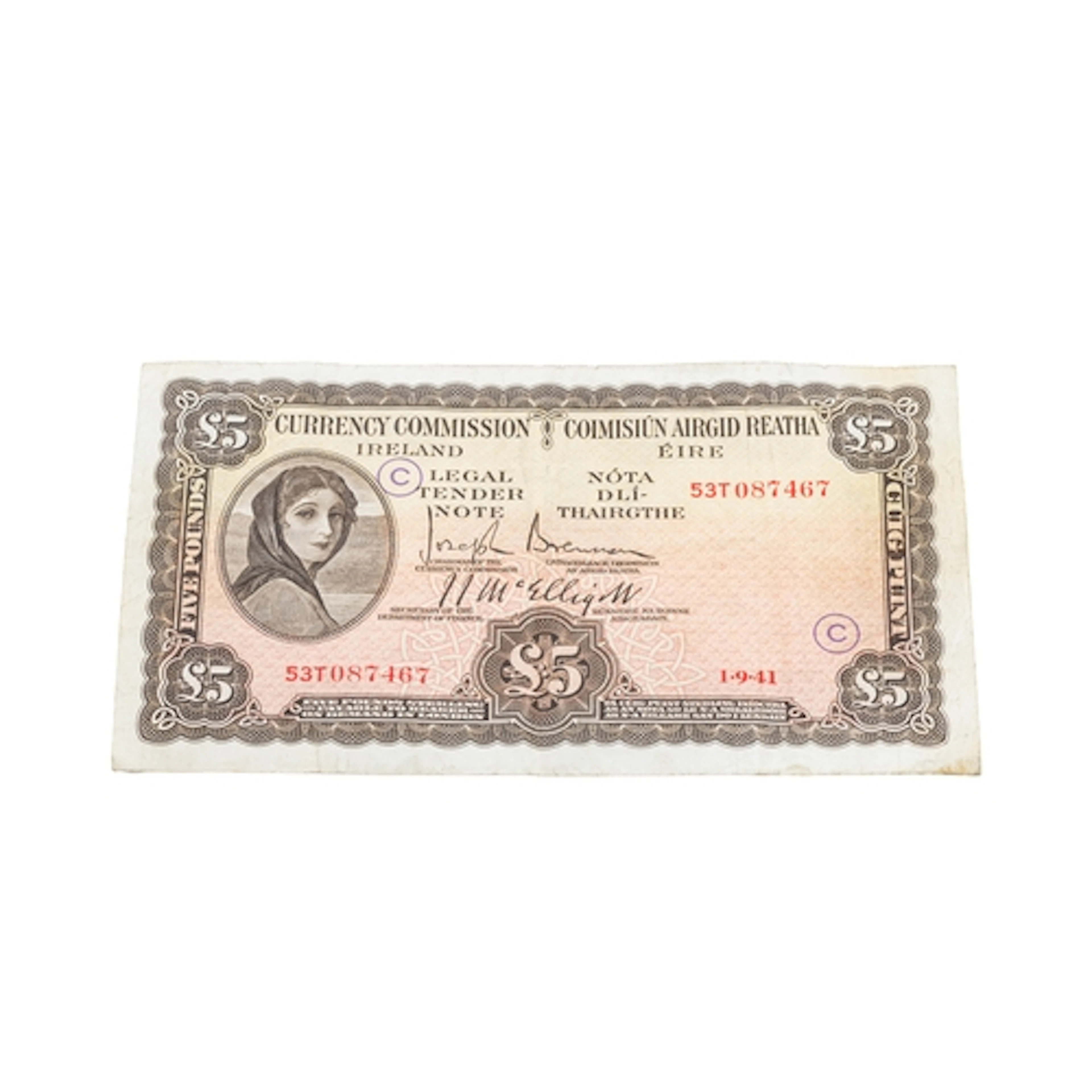 A 1941 "C" WARCODE LAVERY £5 IRISH BANKNOTE, good fine