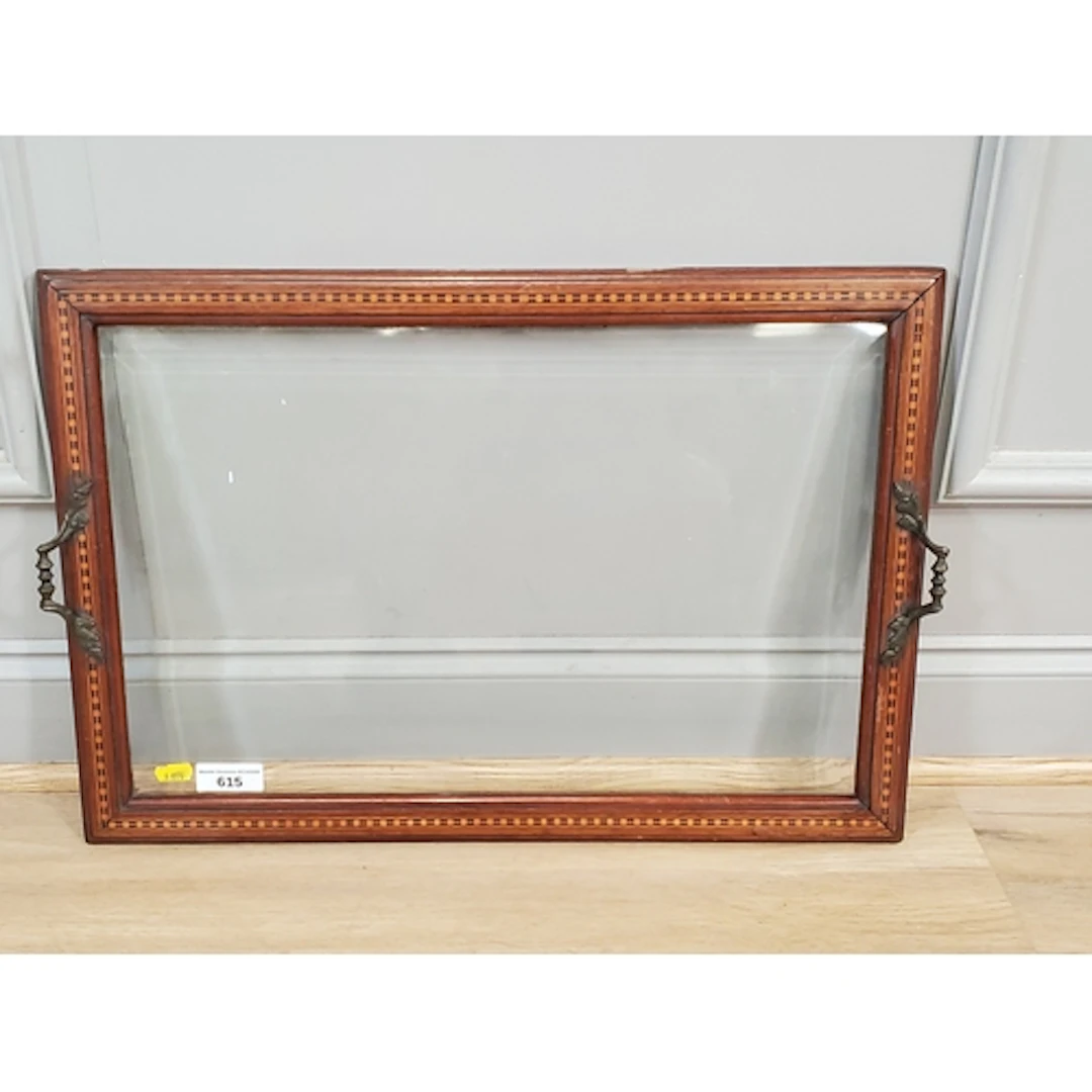 A wooden framed glass carry Tray with two brass handles, (R2...