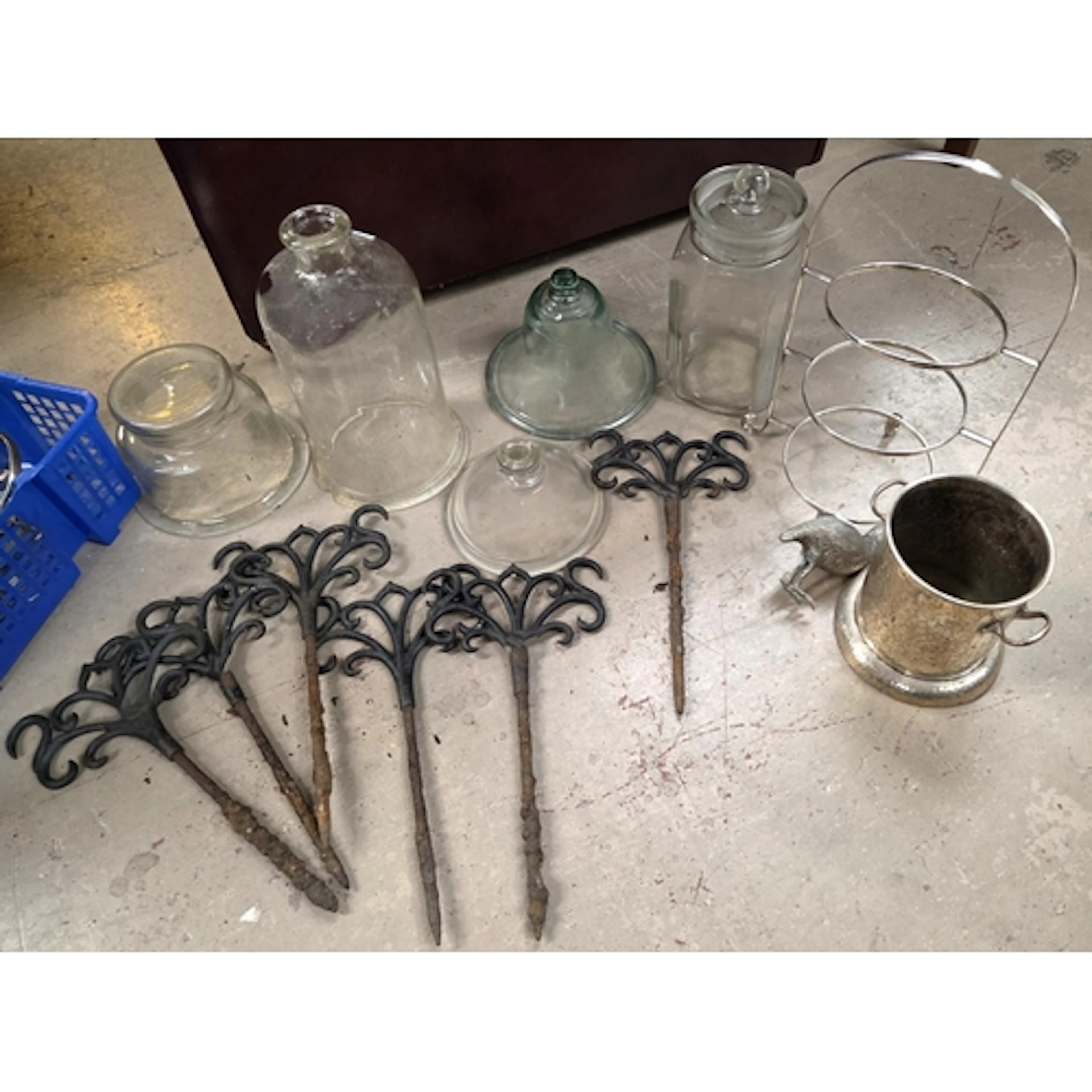 A set of 6 Gothic style garden stakes, a planished silver pl...