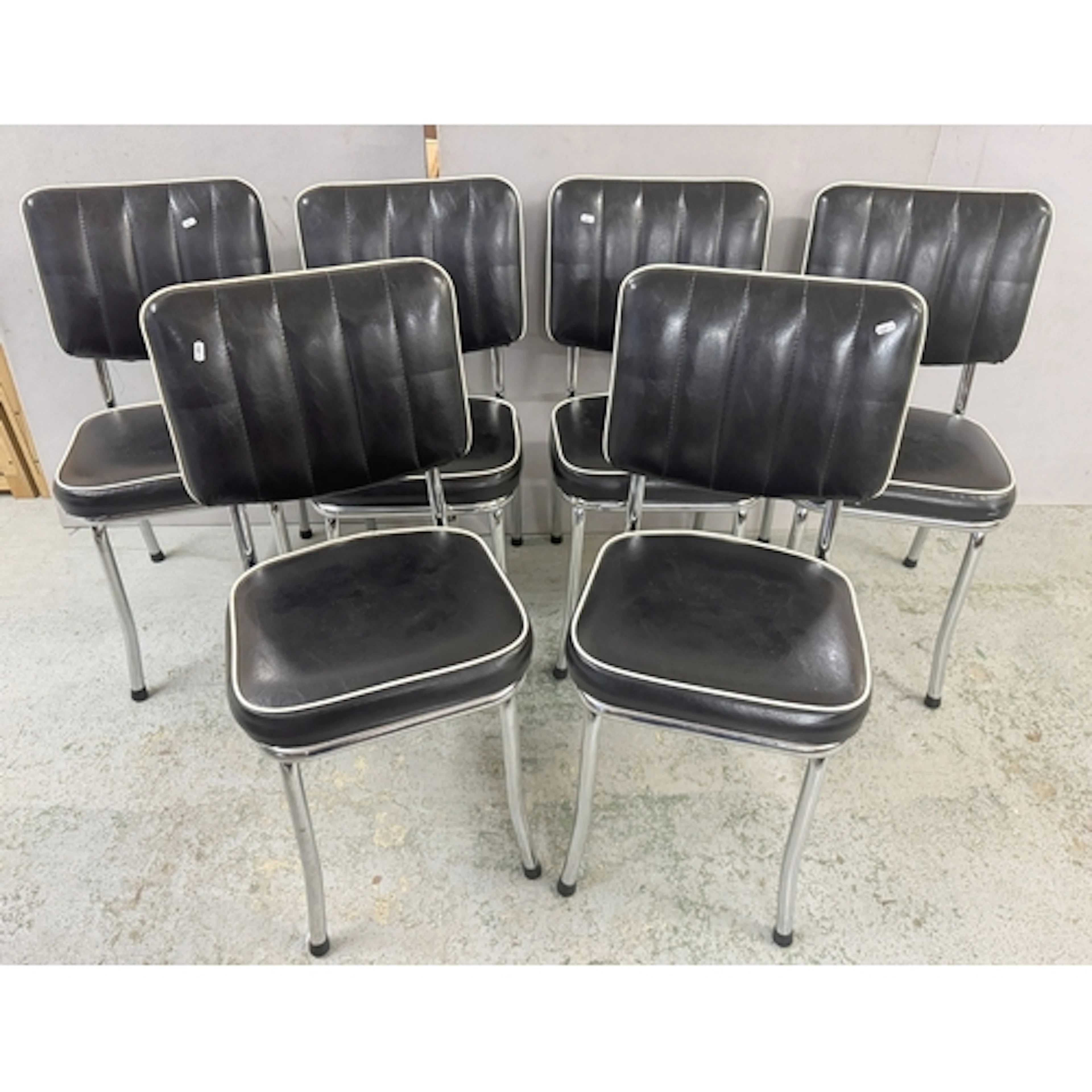 Set of 6 American Diner Style Black Leather & White Piped Ch...