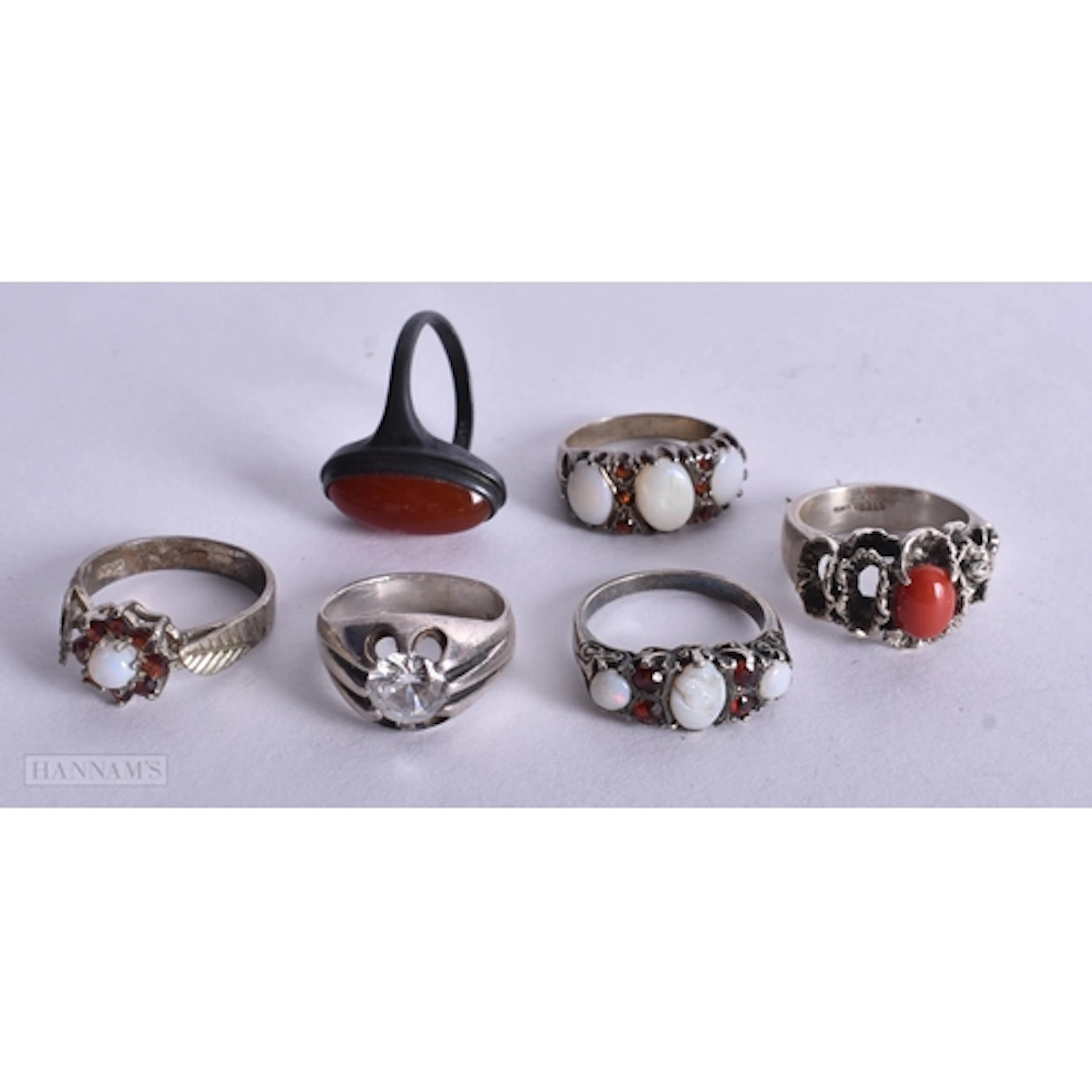 Collection of Sterling Silver Mid Century Rings inc. Opal, G...